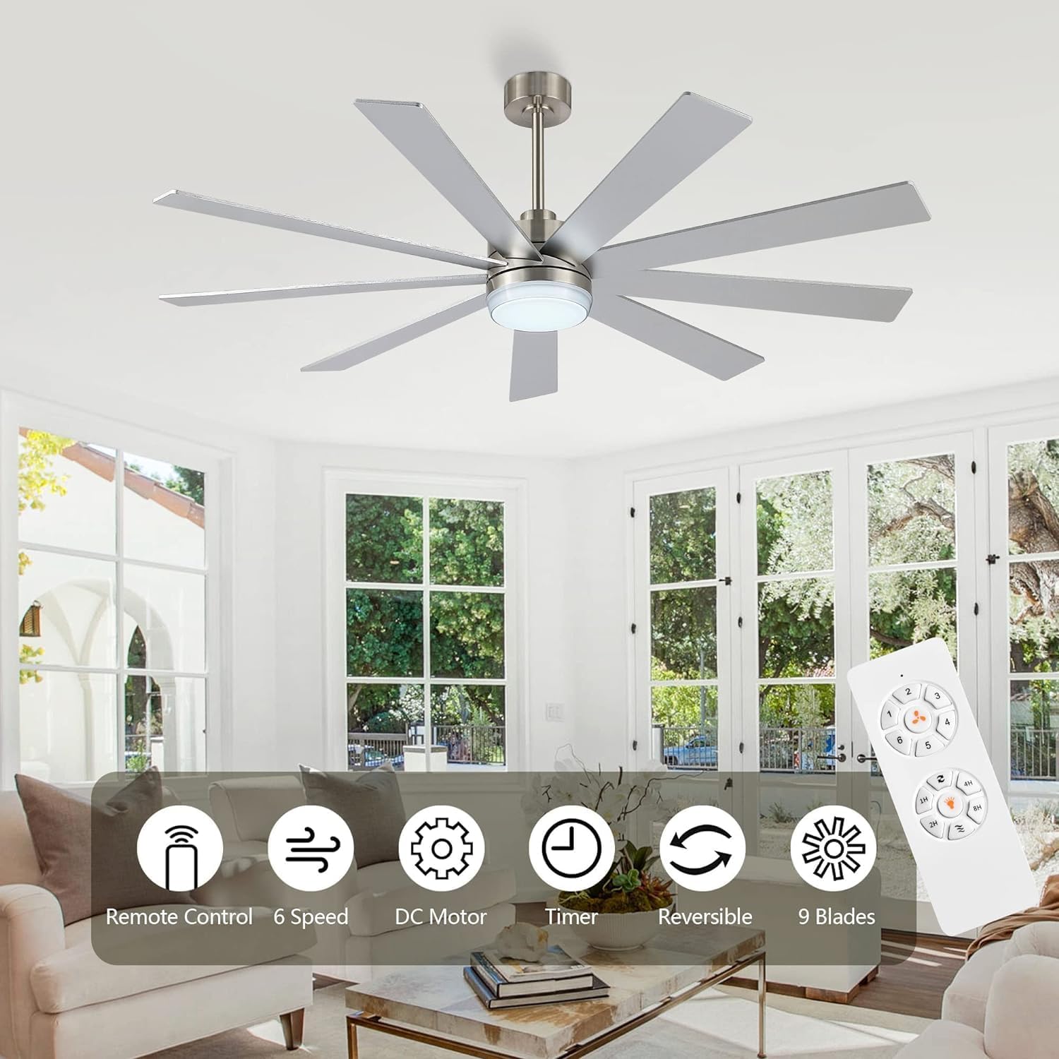 LEDLUX 72' Ceiling Fan with Light, 6-Speed Remote Control, Reversible DC Motor, Modern 9 Blades Silver with 4.5'/12'/24' Downrods for Home or Commercial, Living Room/Restaurant