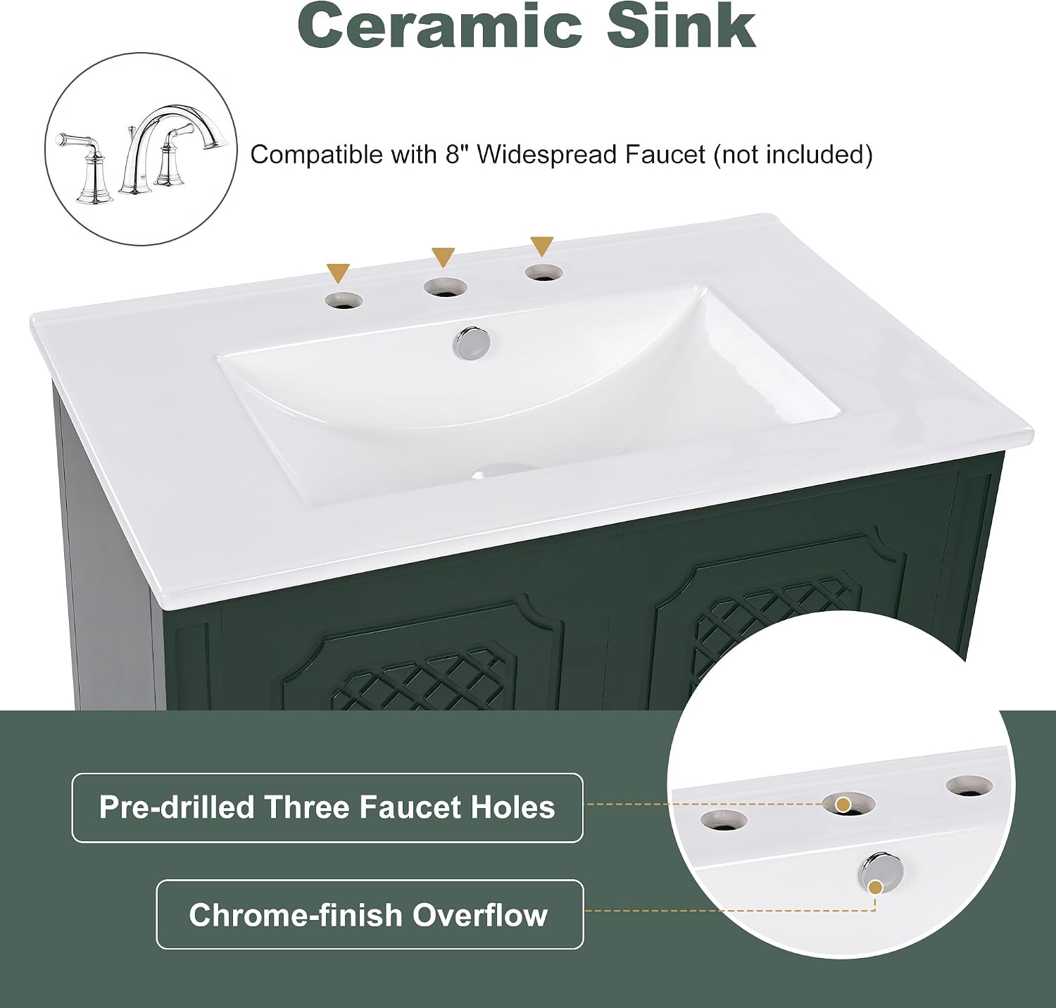 Harper & Bright Designs 30' Ceramic Bathroom Vanity Sink Top, Modern White Vanity Top for cabinet, Undermount Bathroom Vanity Sink with Overflow, Pre-Drilled 3 Holes faucet Countertops