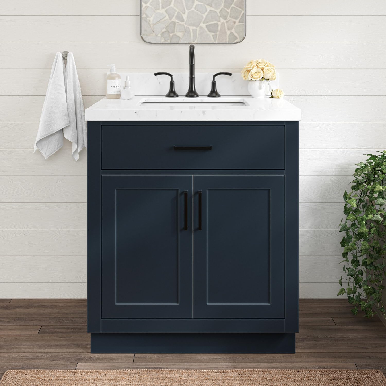 ARIEL Hepburn 30-inch Bathroom Vanity with Sink,Solid Wood, 1.5-inch Carrara White Quartz Countertop, Single Rectangular Porcelain Sink, 2 Soft Closing Doors, 1 Dovetail Drawers, Midnight Blue