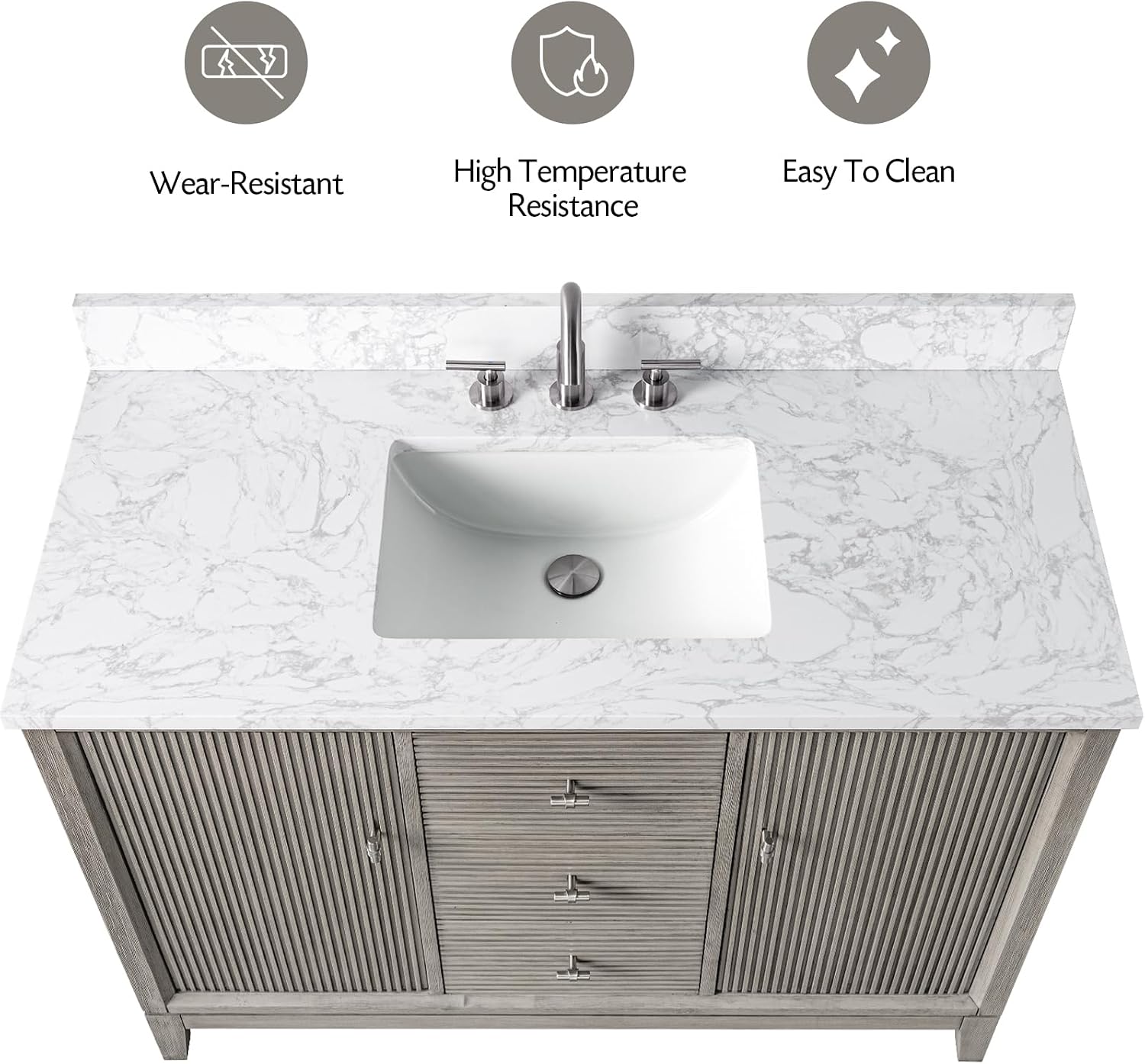 Vanity Art 48' Bathroom Vanity with Single Sink & Arabescato White Engineered Stone Top, Vanity Cabinet with Soft Closing Door, Solid Wood Frame, Brushed Nickel Handles, Driftwood Gray VA8148-DG-BN