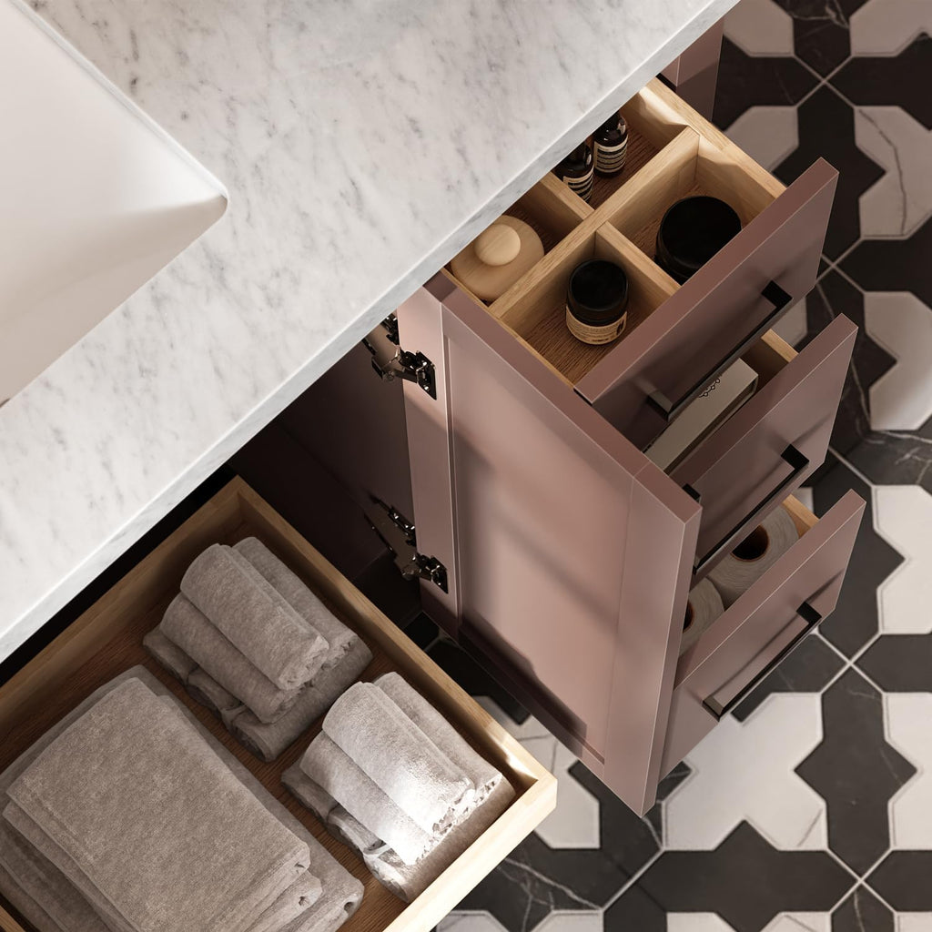 ARIEL Loren 48-inch Bathroom Vanity with Sink,Solid Wood, 1.5-inch Italian Carrara Marble Countertop, Single Rectangular Porcelain Sink, 2 Soft Closing Doors, 7 Dovetail Drawers, Mocha