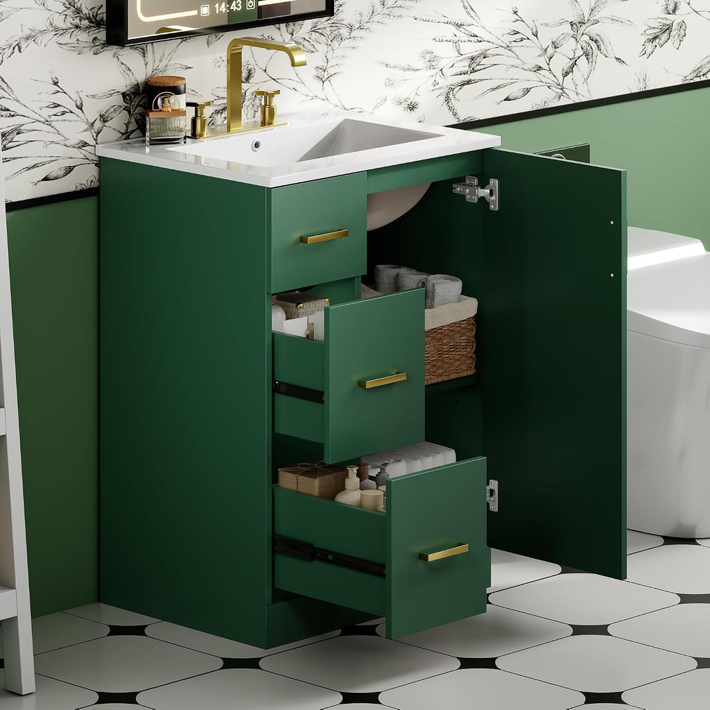 Merax Modern Linear 24' Bathroom Vanity with Sink, Powder Room Small Bathroom Vanity with Storage Cabinet and 2 Drawers, Adjustable Shelf, Ceramic Sink Top, Painted Finish