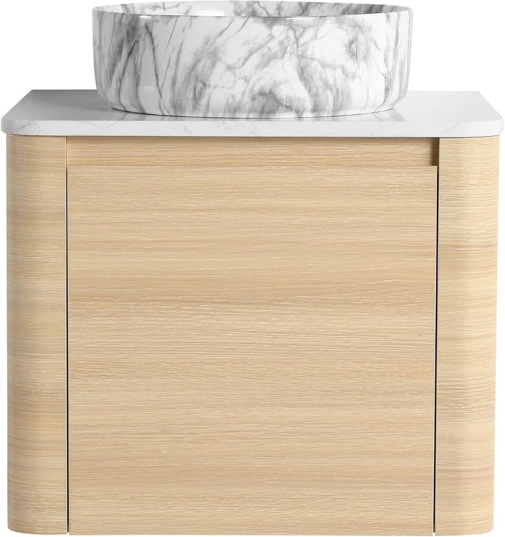24 Inch Wall-Mounted Bathroom Vanity with Sink Combo Modern Floating Bathroom Vanitites with Round Ceramic Vessel Sink 24' Bathroom Sink Cabinet with Marble Counter Top & Soft Closing Door