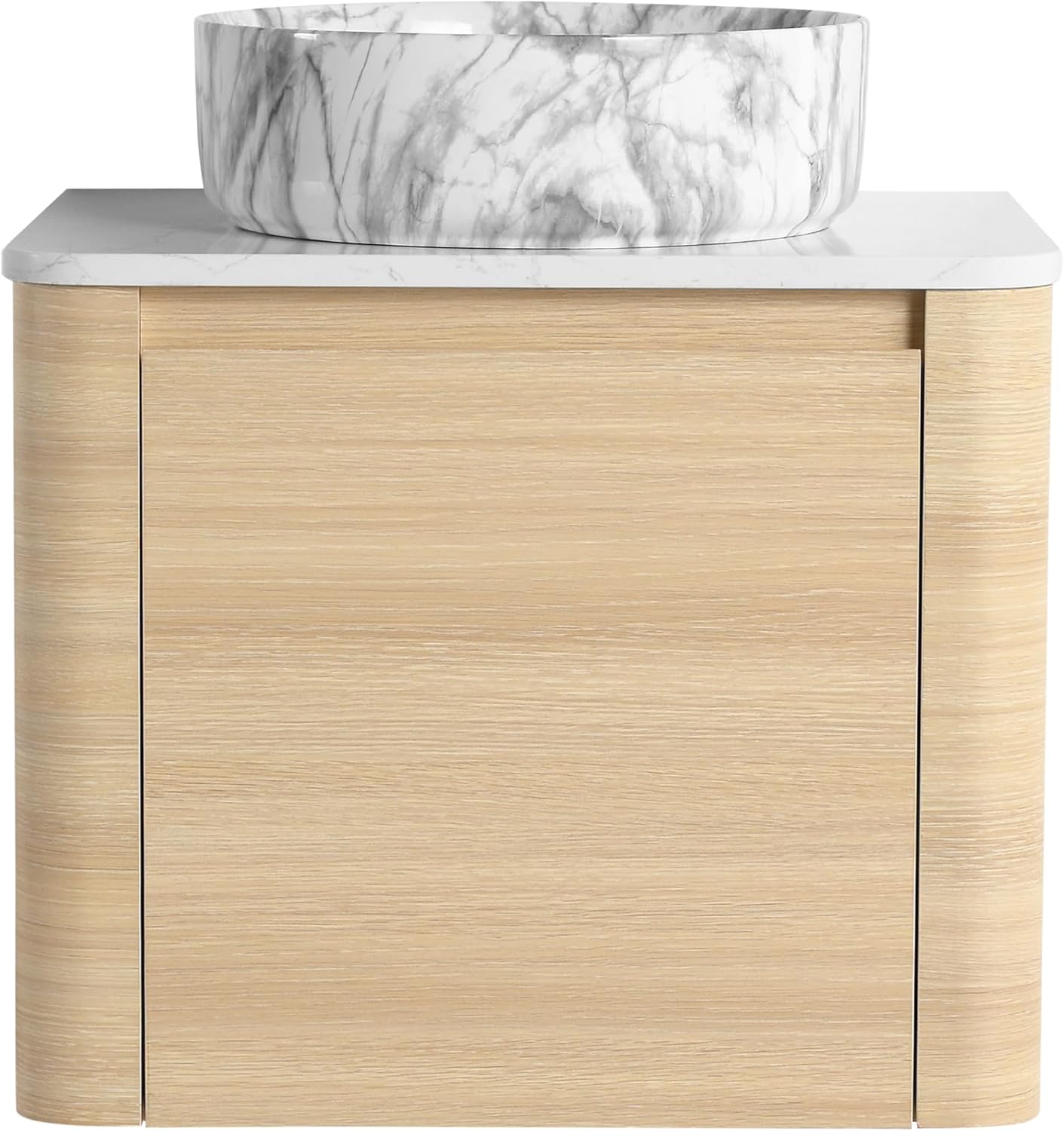 24 Inch Wall-Mounted Bathroom Vanity with Sink Combo Modern Floating Bathroom Vanitites with Round Ceramic Vessel Sink 24' Bathroom Sink Cabinet with Marble Counter Top & Soft Closing Door