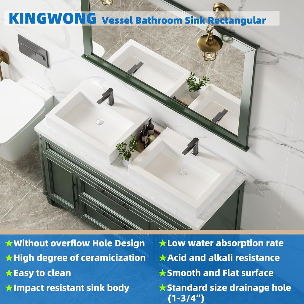 KINGWONG 24' x 18.3' Rectangular Ceramic Vessel Sink, White Bathroom Sink Above Counter, No Overflow Single Hole Basin for Vanity Top, High Temp Fired Porcelain, Stain Resistant Glossy Easy to Clean