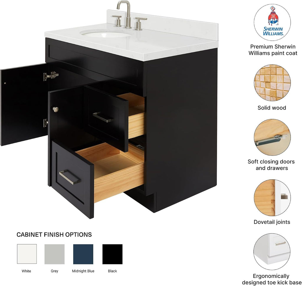 DKB Bradford 42' Black Bathroom Vanity with Sink, Oval Undermount, 1.5' Carrara Quartz Countertop, Solid Wood Frame, 2 Soft-Closing Doors, 2 Full Extension Drawers, Brushed Nickel