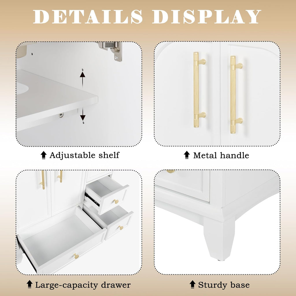 36 inch Bathroom Vanity with Sink Combo, Mid Century Modern Freestanding Bathroom Cabinet with Integrated Ceramic Sink, 4 Storage Drawers, 2 Soft Closed Doors, Adjustable Shelves, Golden Handle, White