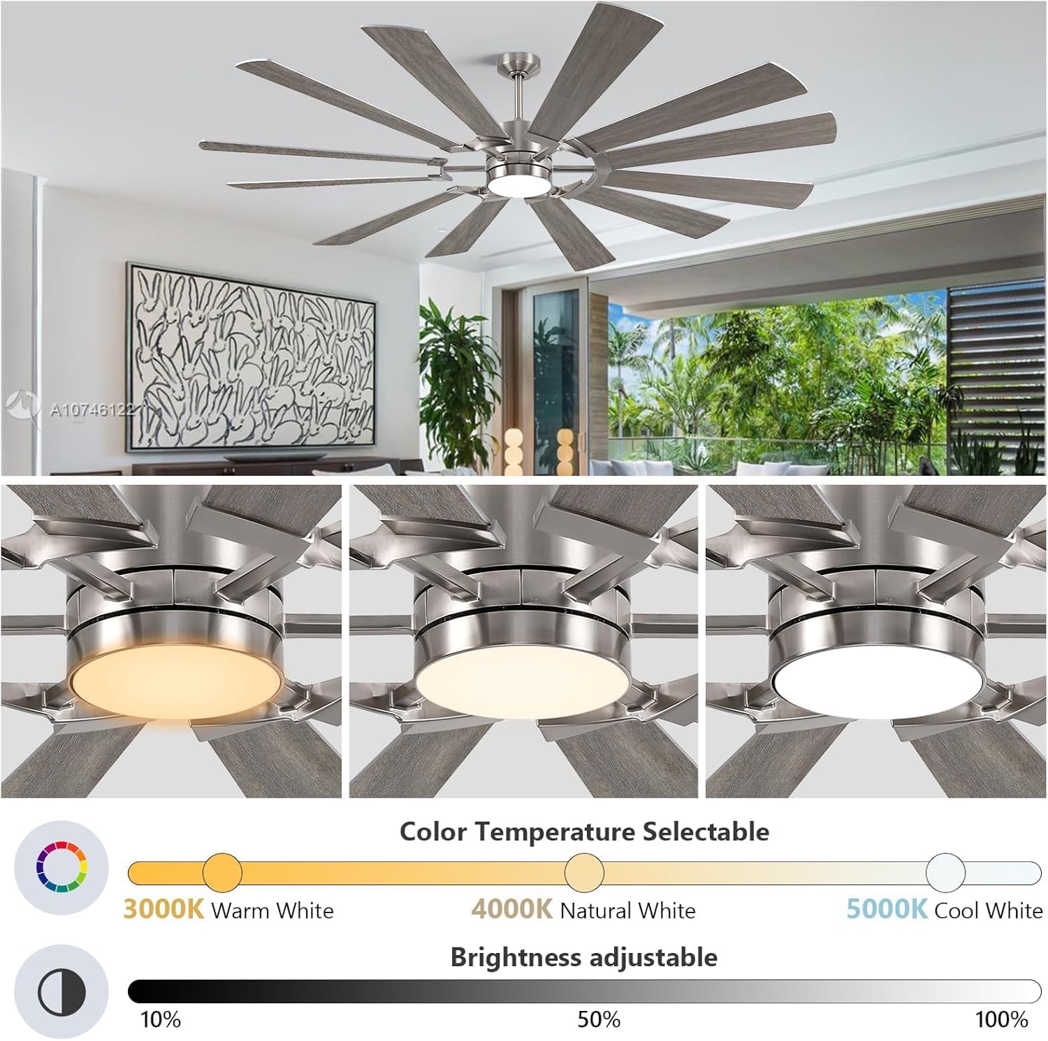 62 Inch Outdoor Ceiling Fan with Light Remote, Modern Large Ceiling Fan with Light, Large Airflow Industrial DC Cieling Fan with 12 Blade, Damp-Rated Outdoor Ceiling Fans for Patios Porch Farmhouse