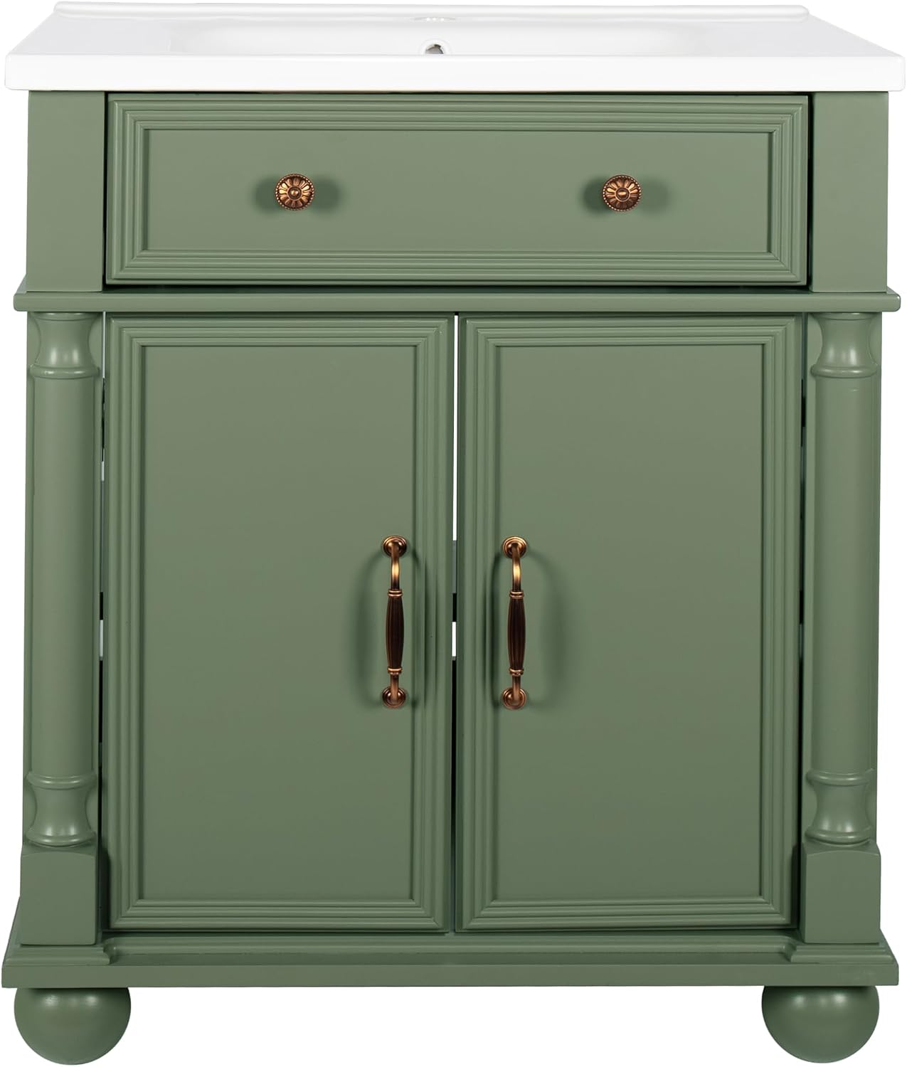 28 Inch Mid-Century Bathroom Vanity with Sink, Green Solid Wood Frame with Roman Column Base, Freestanding Cabinet with Metal Handles and Storage (Green)