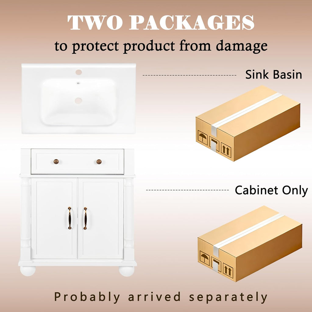 28 inch Bathroom Vanity with Sink, Modern Freestanding Bathroom Vanity Cabinet with Ceramic Sink, Flip Top Drawer, 2 Soft Closing Doors, Adjustable Shelf, Metal Handles, Round Column Base, White