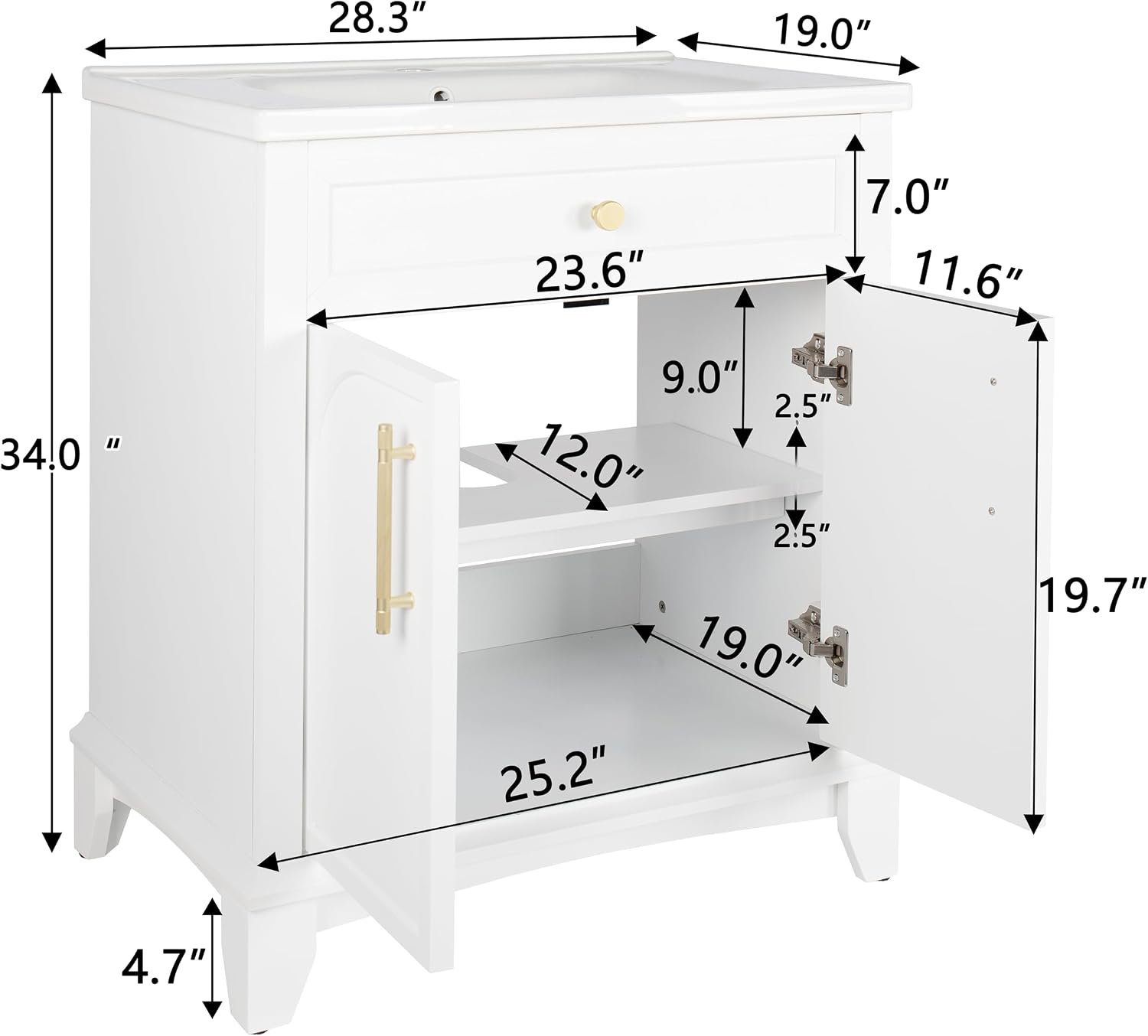 28 inch Bathroom Vanity with Sink Combo, Mid Century Modern Freestanding Bathroom Cabinet with Integrated Ceramic Sink, 2 Soft Closed Doors, Adjustable Shelves, Golden Handle, White