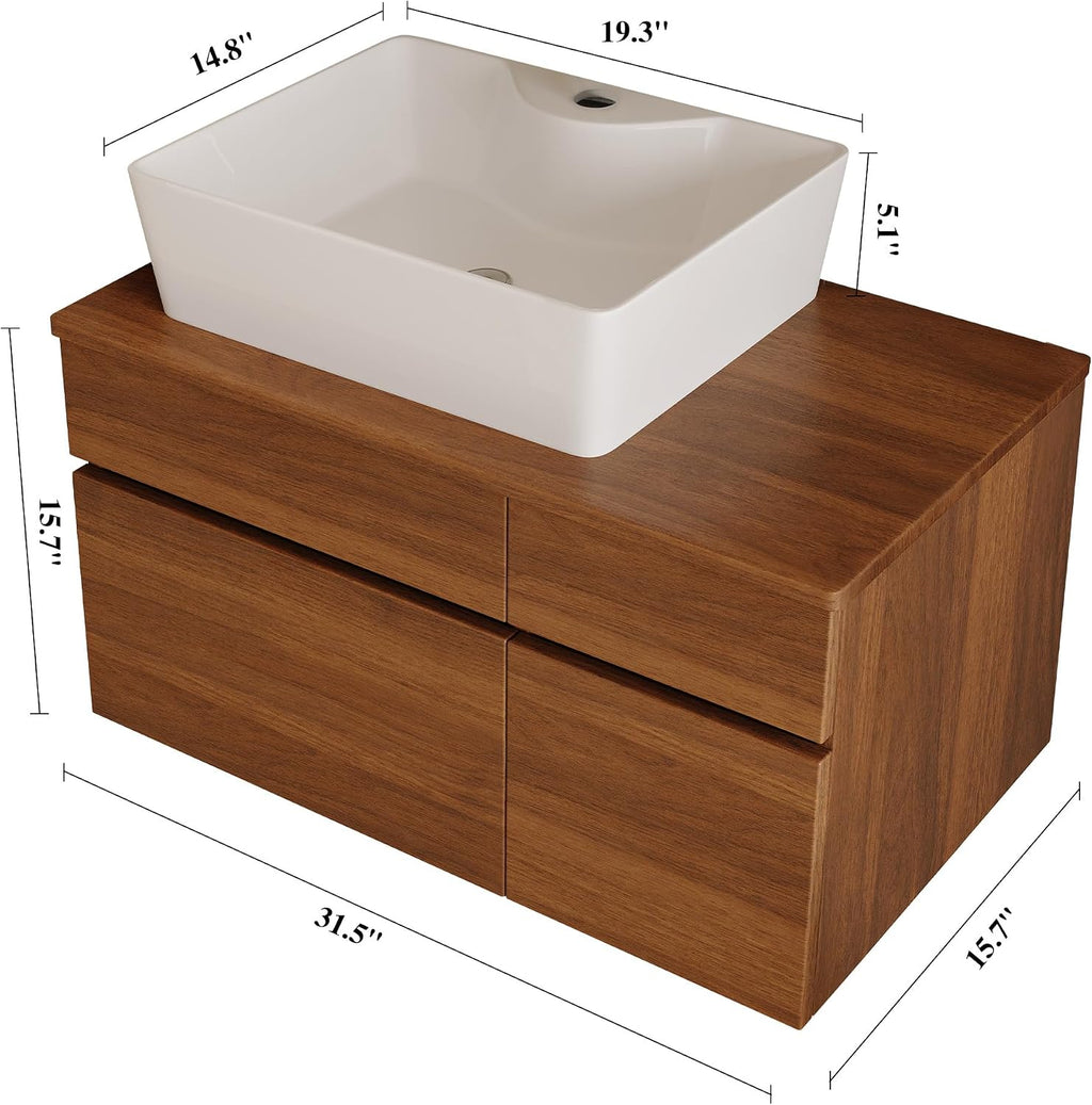 32 inch Bathroom Vanity with Counter Top Ceramic Sink Modern Floating Bathroom Vanities with 1 Drawers and 2 Storage Cabinets, 32' Wall Mounted Bathroom Vanity Wood Cabinet with Sink, Walnutl
