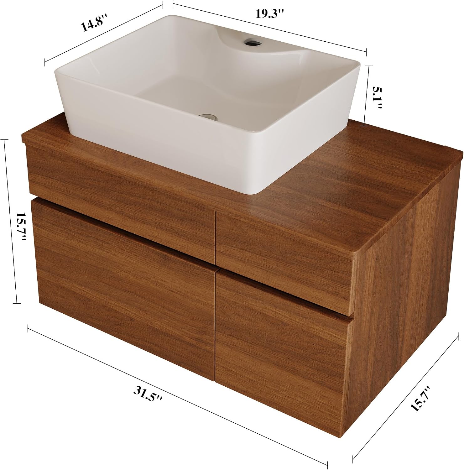 32 inch Bathroom Vanity with Counter Top Ceramic Sink Modern Floating Bathroom Vanities with 1 Drawers and 2 Storage Cabinets, 32' Wall Mounted Bathroom Vanity Wood Cabinet with Sink, Walnutl