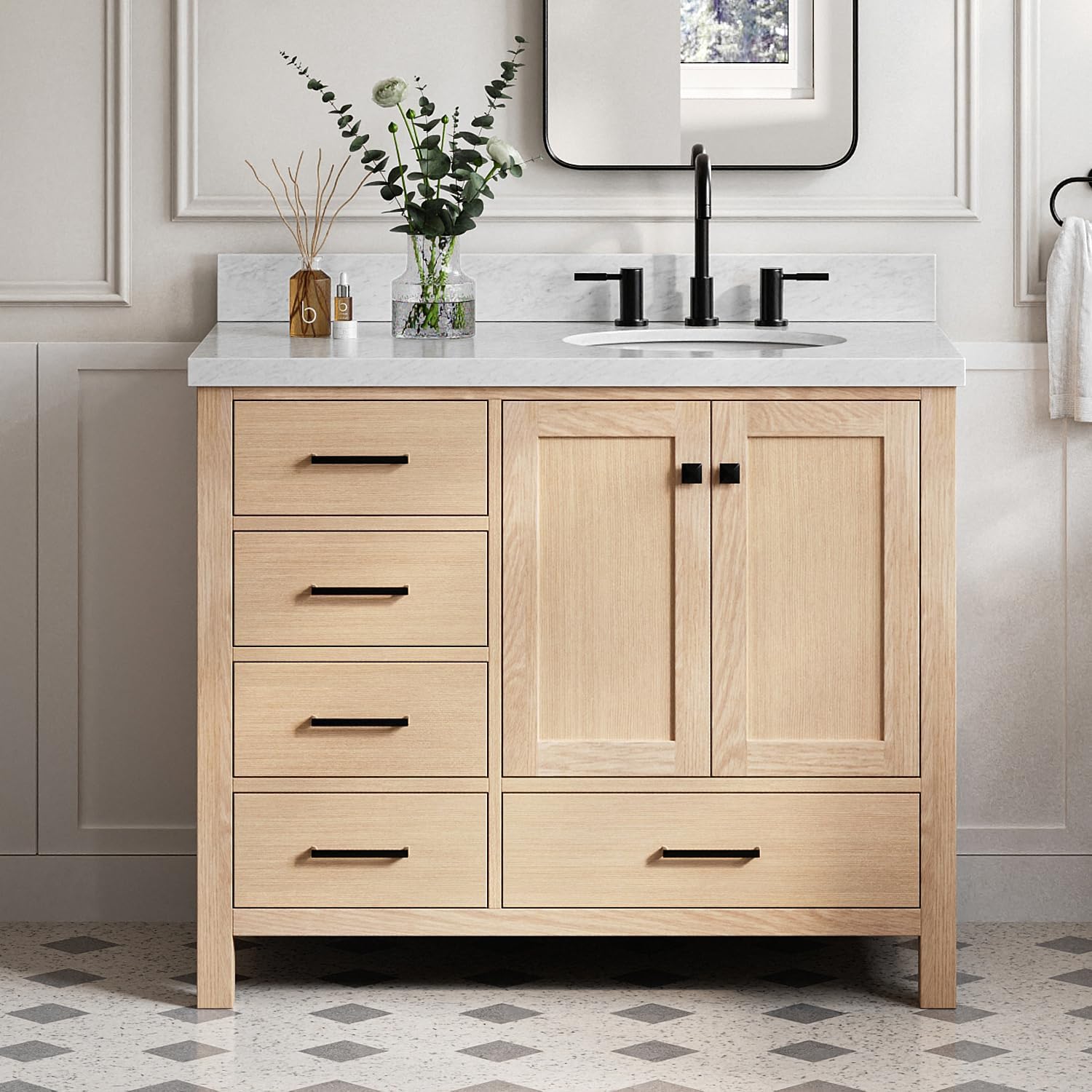 DKB Beckford 42-Inch Oak Single Bathroom Vanity with Sink, Italian Carrara Marble Countertop 1.5' Edge & Backsplash, Soft Closing Door & Drawer, Matte Black Hardware