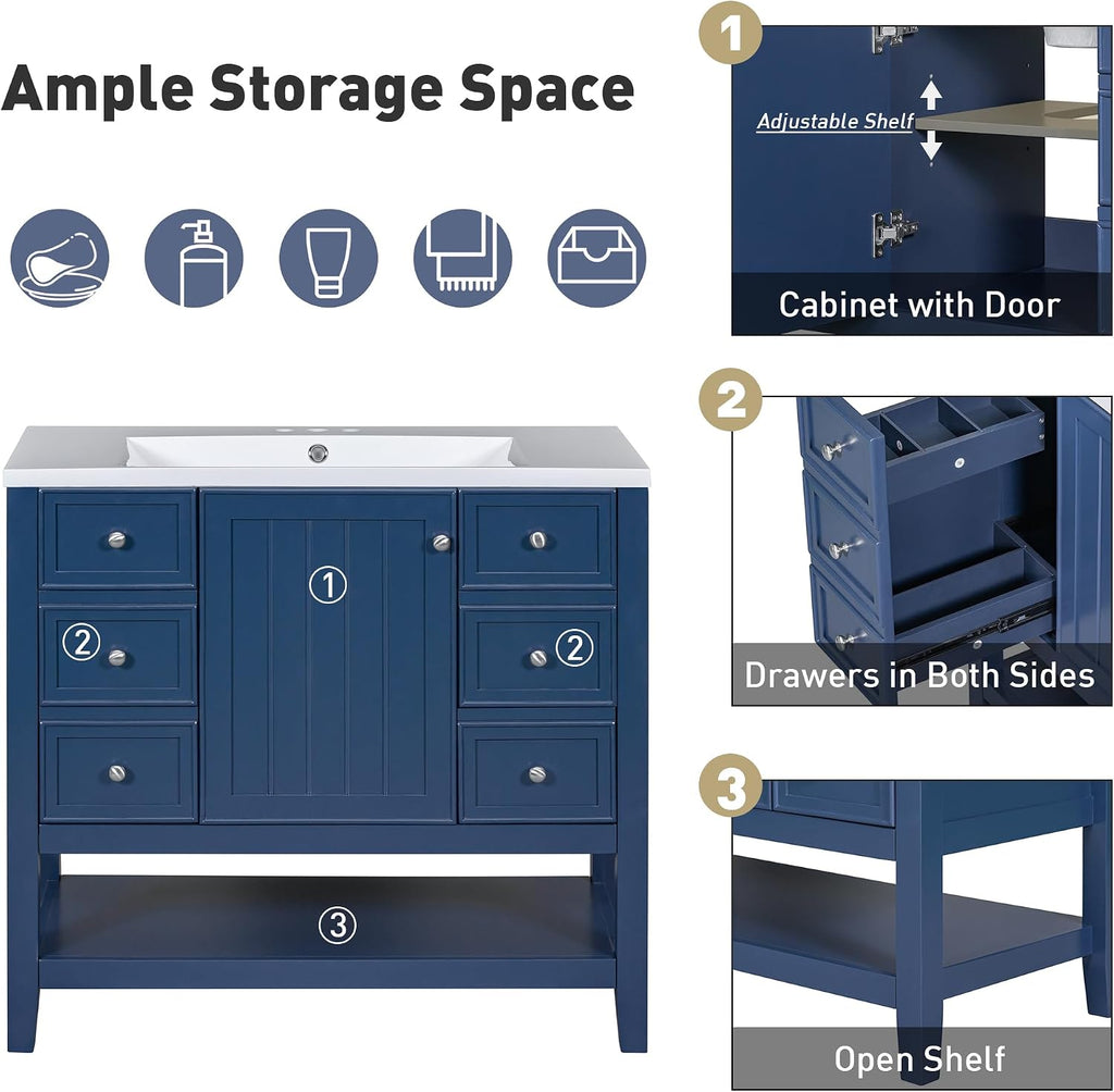 LUMISOL 36' Bathroom Vanity with Sink Combo, Bathroom Vanity Storage Cabinet with 3 Drawers & Open Shelf, Solid Wood Frame Bathroom Cabinet with Ceramic Sink, Navy Blue