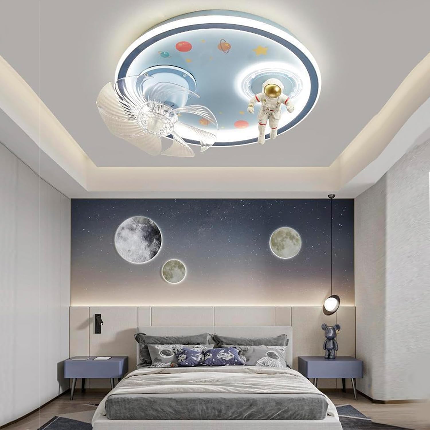 SOMINA Kids Ceiling Fan Light, Astronaut Themed Flush Mount LED Fixture, Creative Cartoon Design Low Profile Fan for Boys Girls Bedroom Nursery Playroom