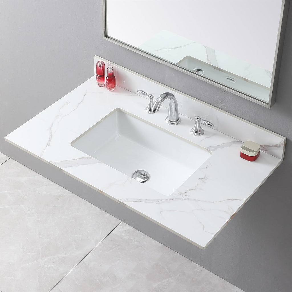 37' Bathroom Vanity Top with Ceramic Undermount Sink & Backsplash,Carrara Gold Sintered Stone Counter Top, 3 Holes Vanity Sink Top