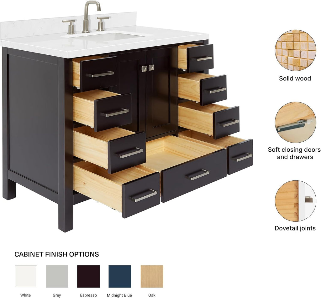 ARIEL Cambridge 42-inch Bathroom Vanity with Sink,Solid Wood, 1.5-inch Carrara White Quartz Countertop, Single Rectangular Porcelain Sink, 2 Soft Closing Doors, 9 Dovetail Drawers, Espresso