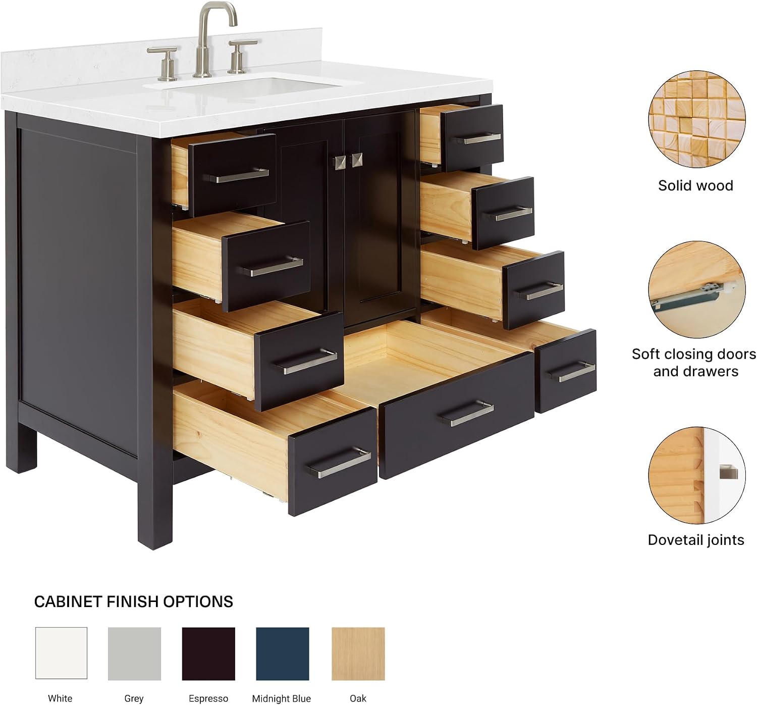 ARIEL Cambridge 42-inch Bathroom Vanity with Sink,Solid Wood, 1.5-inch Carrara White Quartz Countertop, Single Rectangular Porcelain Sink, 2 Soft Closing Doors, 9 Dovetail Drawers, Espresso
