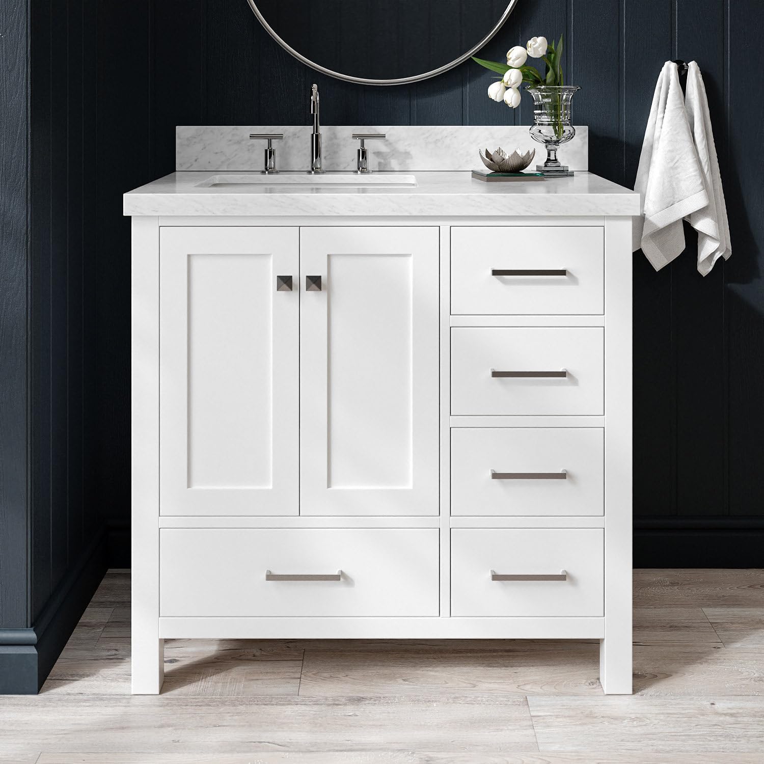 ARIEL Cambridge 36-inch Bathroom Vanity with Sink,Solid Wood, 1.5-inch Italian Carrara Marble Countertop, Single Rectangular Porcelain Sink, 2 Soft Closing Doors, 5 Dovetail Drawers, White