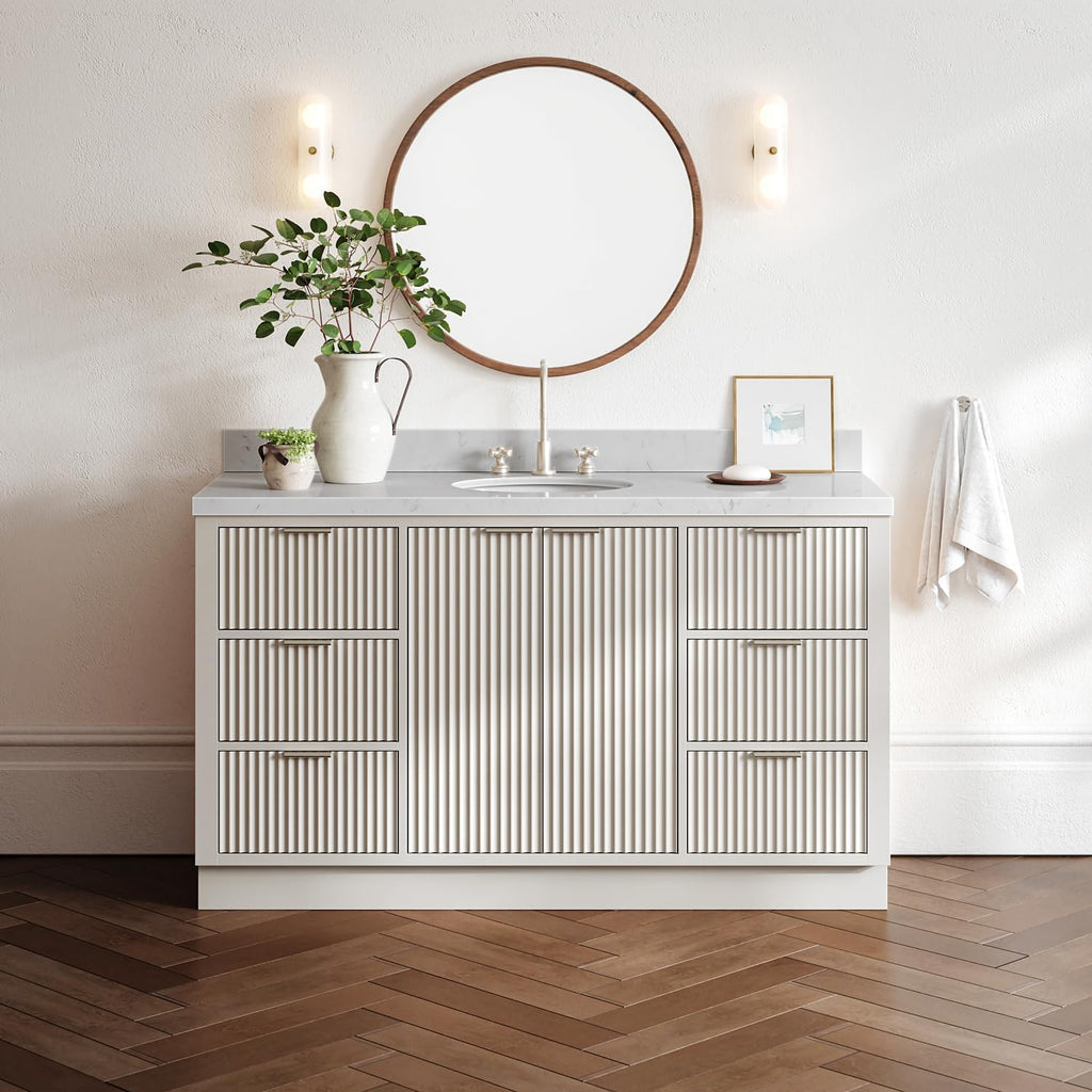 ARIEL Milan 60-inch Bathroom Vanity with Sink,Solid Wood, 1.5-inch Carrara White Quartz Countertop & Backsplash, Single Oval Porcelain Sink, 2 Soft Closing Doors, 6 Dovetail Drawers, Warm White