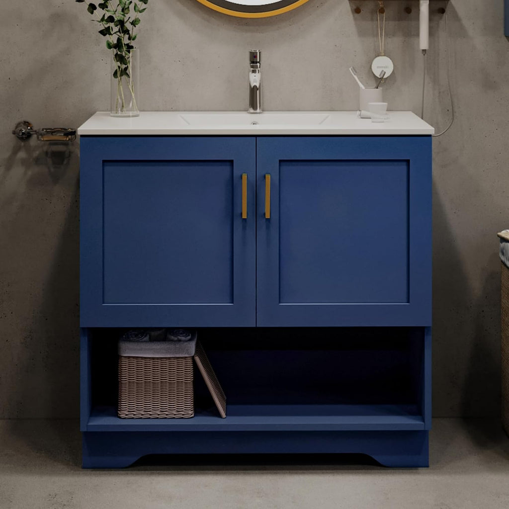 36 Inch Modern Bathroom Vanity with Ceramic Sink - Freestanding Cabinet 2 Soft-Close Doors & 1 Open Shelf, White Space-Saving Design for Powder Rooms (Blue)