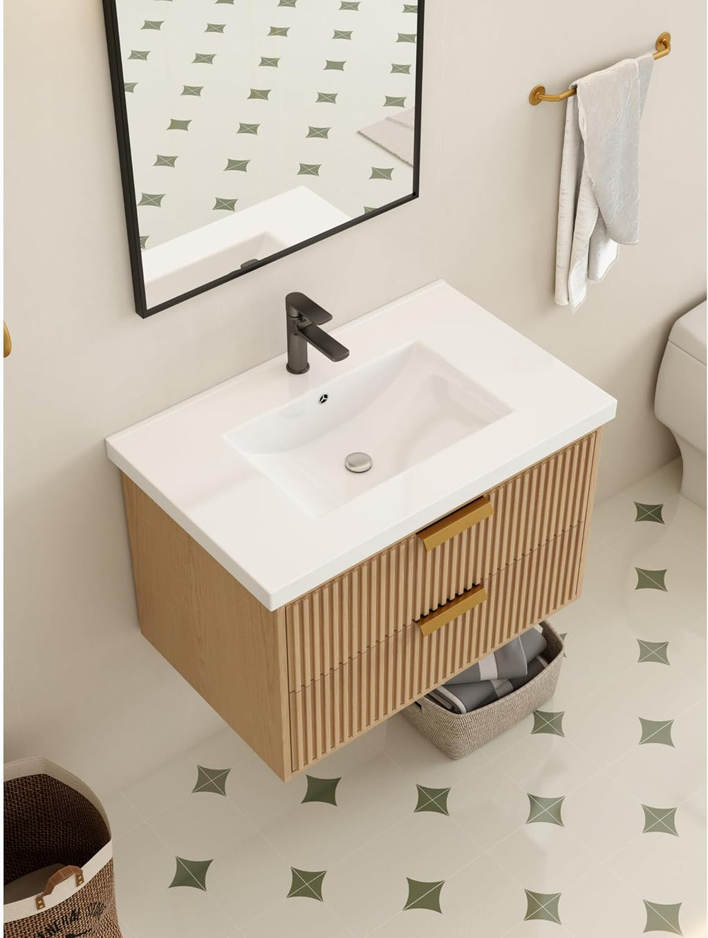 Modern 30' Floating Bathroom Vanity with White Sink in Oak Gray, Solid Wood, Fully Assembled, Single Sink
