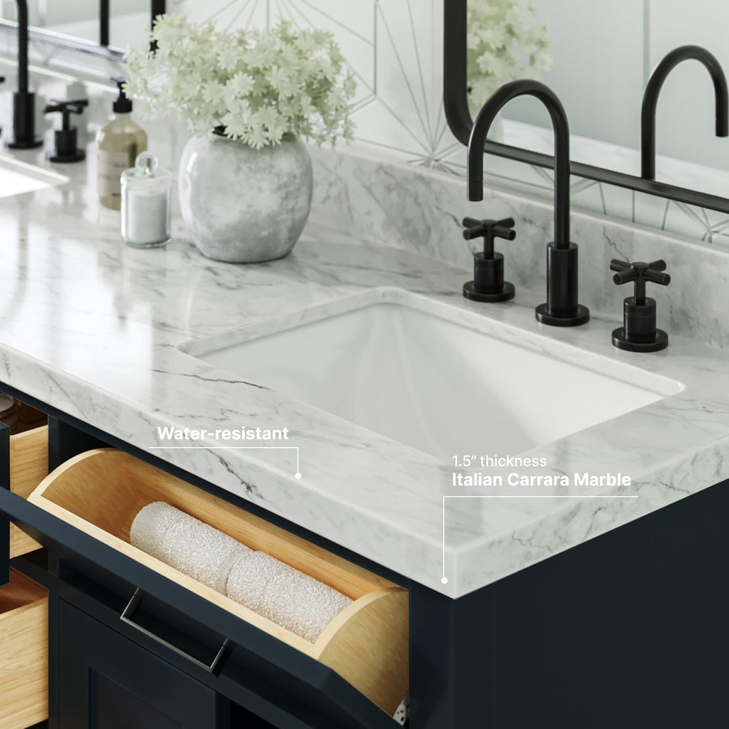 ARIEL Hepburn 66-inch Bathroom Vanity with Sink,Solid Wood, 1.5-inch Italian Carrara Marble Countertop, Double Rectangular Porcelain Sink, 4 Soft Closing Doors, 6 Dovetail Drawers, Midnight Blue