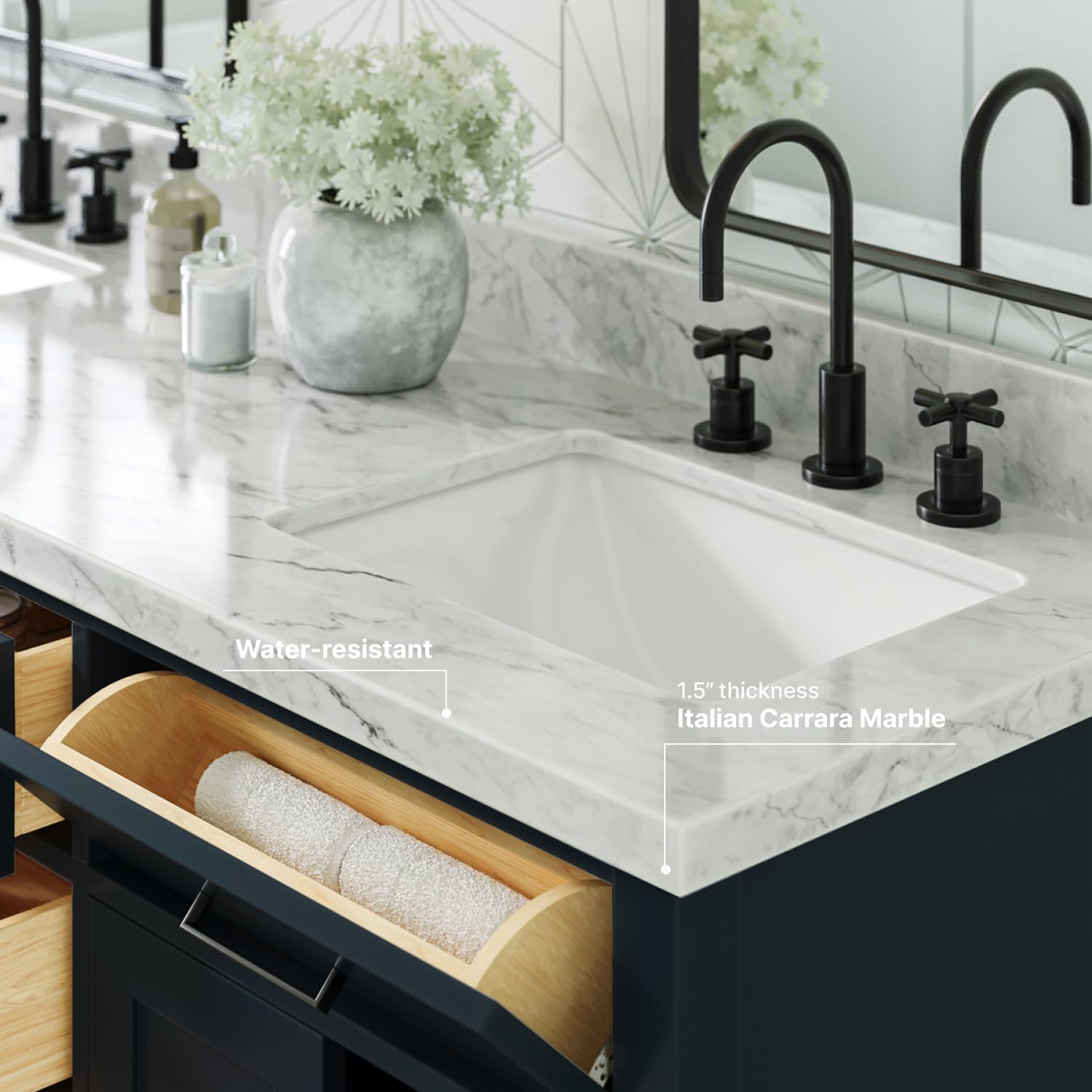 ARIEL Hepburn 66-inch Bathroom Vanity with Sink,Solid Wood, 1.5-inch Italian Carrara Marble Countertop, Double Rectangular Porcelain Sink, 4 Soft Closing Doors, 6 Dovetail Drawers, Midnight Blue