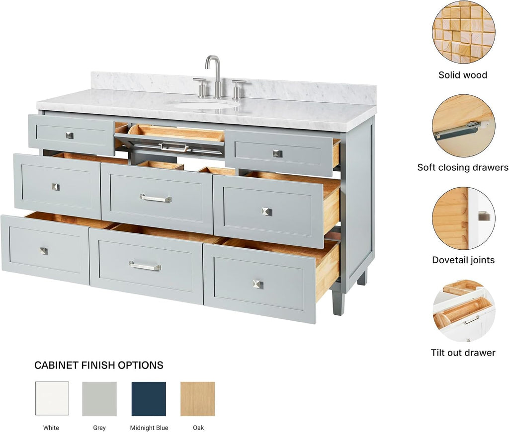 ARIEL Monroe 66-inch Bathroom Vanity with Sink,Solid Wood, 1.5-inch Italian Carrara Marble Countertop, Single Oval Porcelain Sink, Dovetail Drawers, Grey