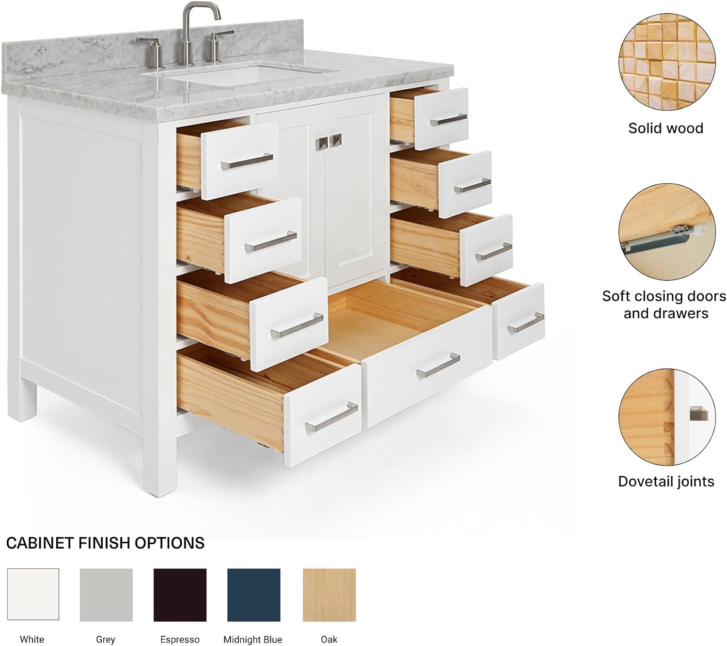 ARIEL Cambridge 42-inch Bathroom Vanity with Sink,Solid Wood, 1.5-inch Italian Carrara Marble Countertop, Single Rectangular Porcelain Sink, 2 Soft Closing Doors, 9 Dovetail Drawers, White