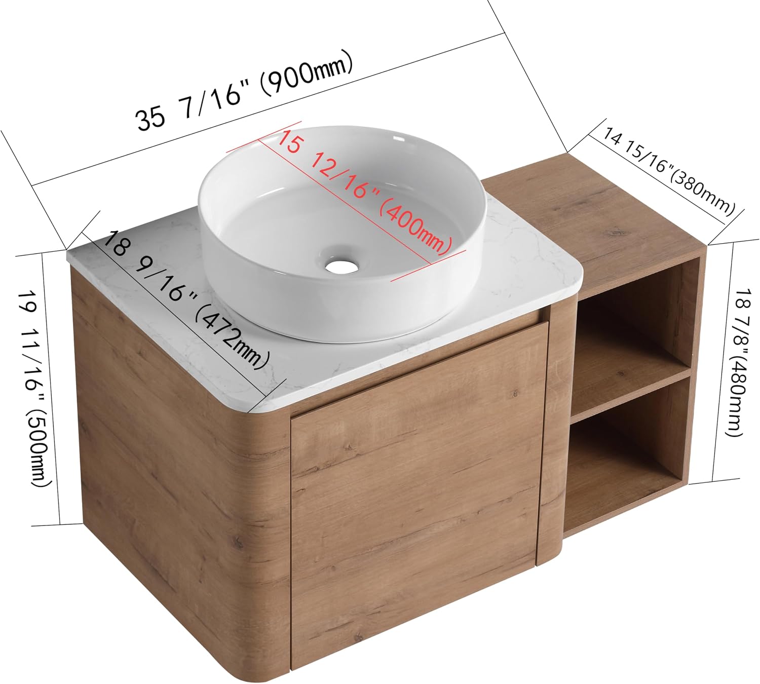 36 Inch Wall-Mounted Bathroom Vanity with Sink Combo Modern Floating Bathroom Vanitites with Round Ceramic Vessel Sink 36' Bathroom Sink Cabinet with Marble Counter Top & 1 Side Storage Shelf