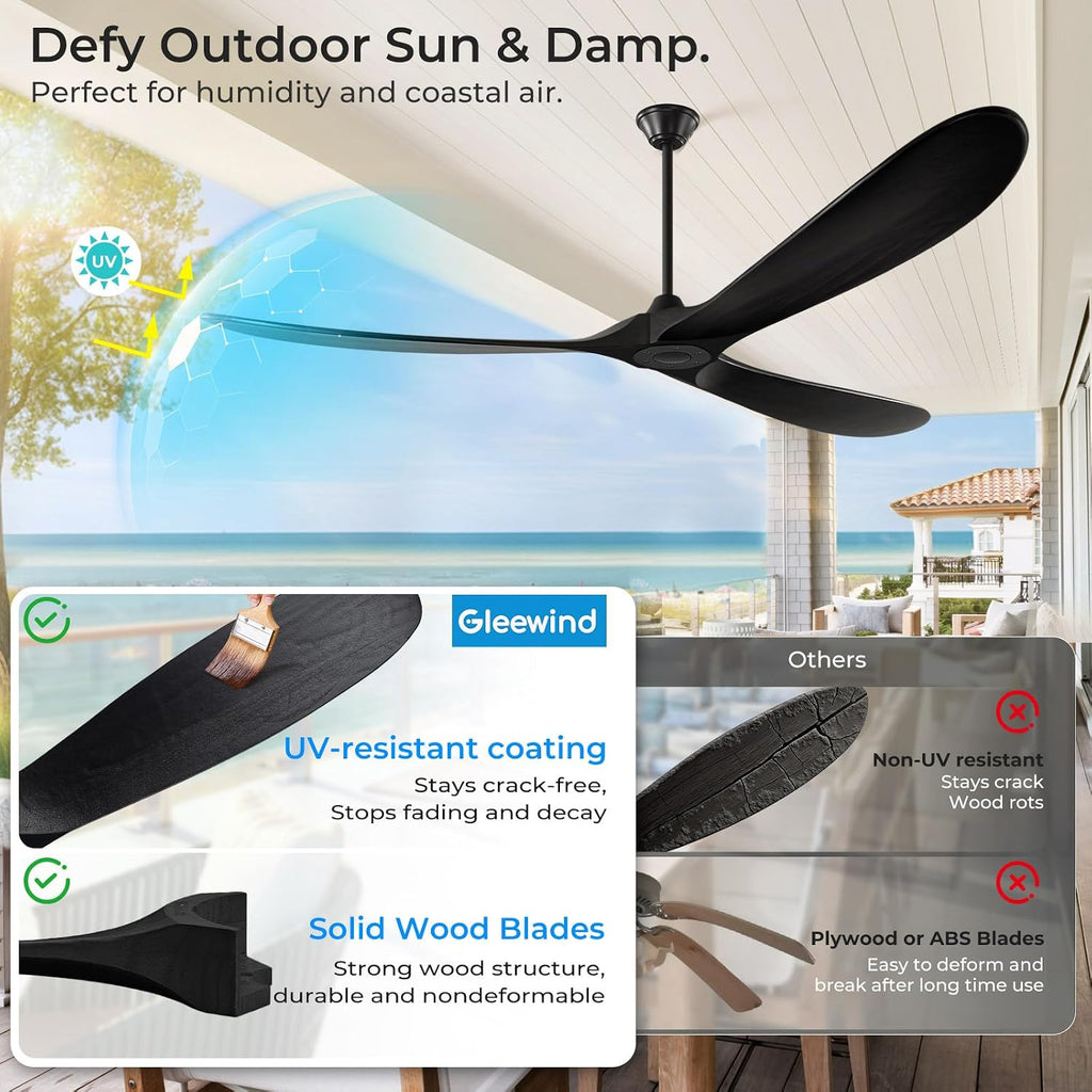 60 inch Black Outdoor Ceiling Fan No Light for Patios, Ceiling Fans Without Lights with Smart App and Remote Control, Wet Rated 3 Blades Wood Propeller Fan for Exterior Outside Porch, High CFM
