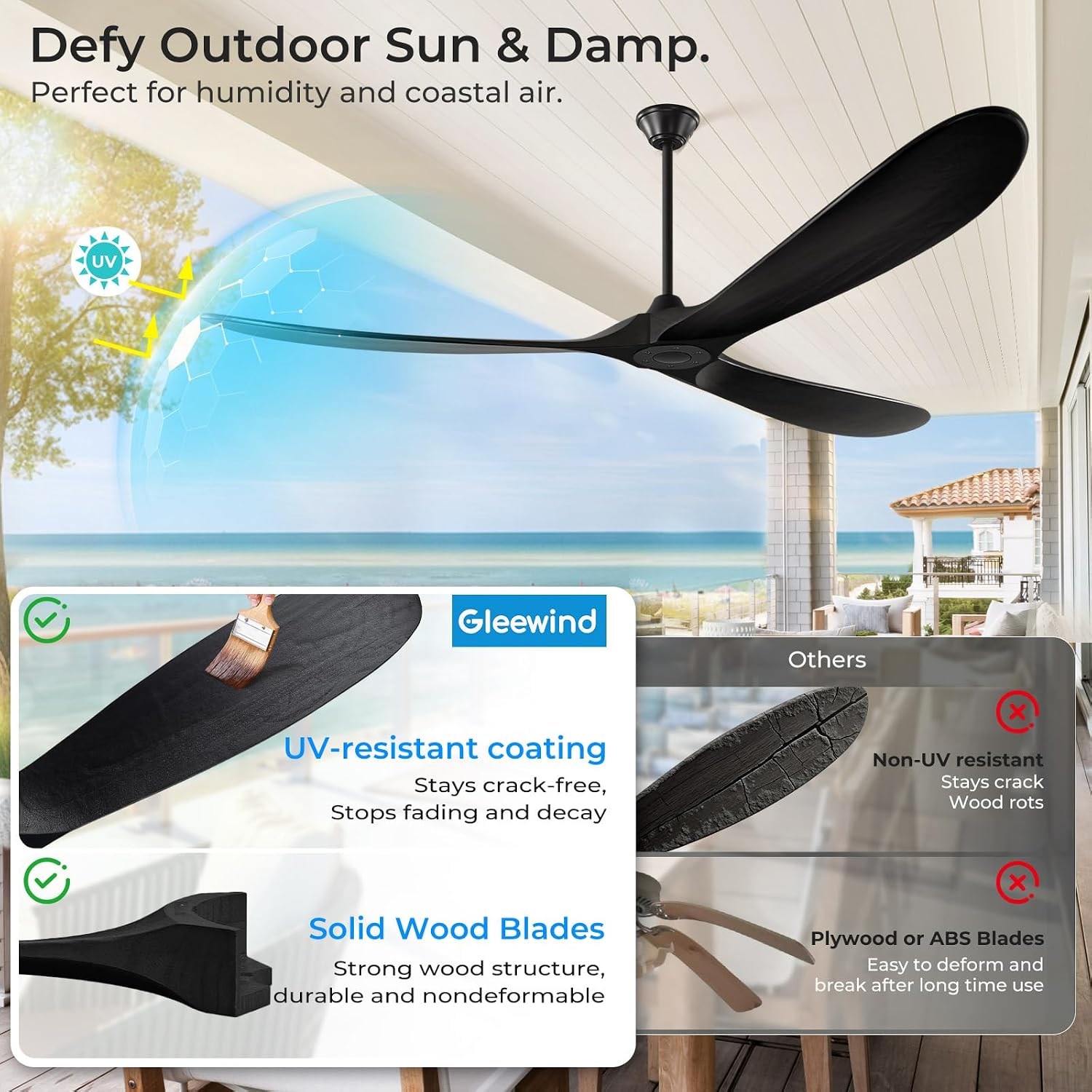 60 inch Black Outdoor Ceiling Fan No Light for Patios, Ceiling Fans Without Lights with Smart App and Remote Control, Wet Rated 3 Blades Wood Propeller Fan for Exterior Outside Porch, High CFM