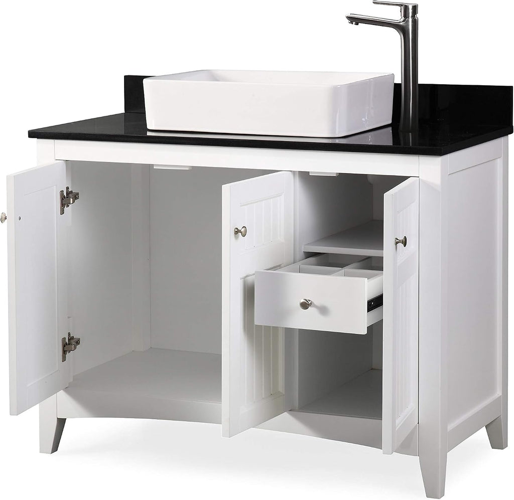 42' Triadsville White Vanity with Black Granite Top, Vessel Style Bathroom Sink, Soft-Closing Doors, Full Extension Drawer, Brushed Nickel Hardware