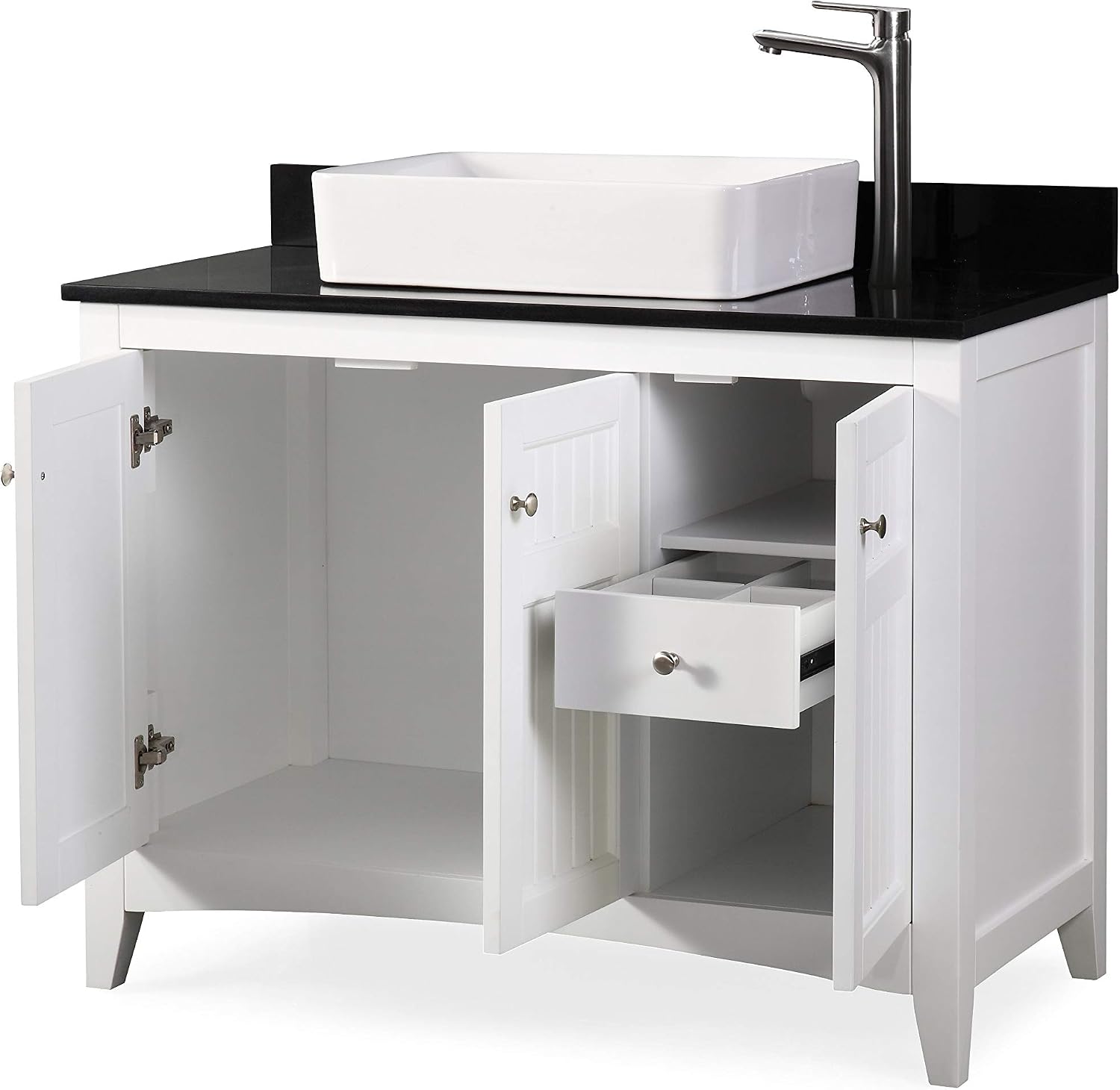 42' Triadsville White Vanity with Black Granite Top, Vessel Style Bathroom Sink, Soft-Closing Doors, Full Extension Drawer, Brushed Nickel Hardware
