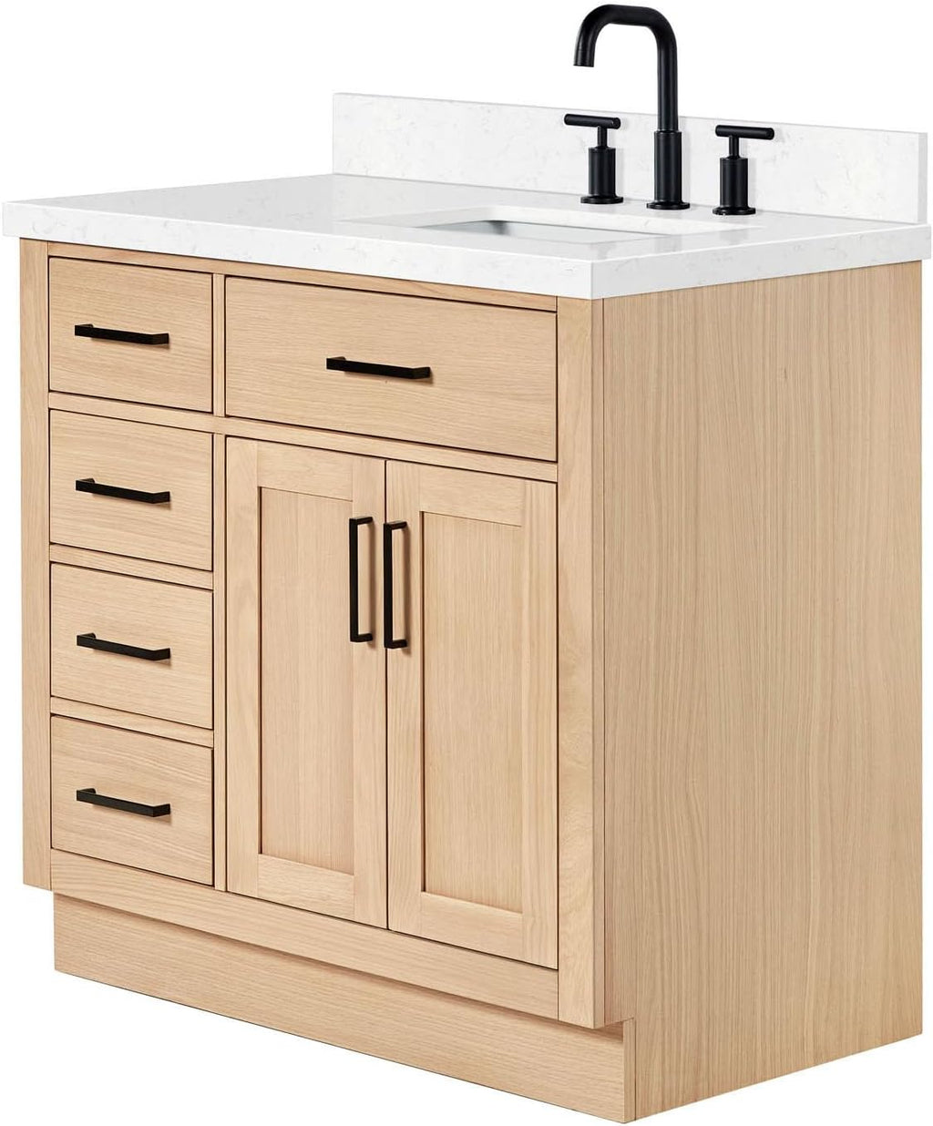 ARIEL Hepburn 36-inch Bathroom Vanity with Sink,Solid Wood, 1.5-inch Carrara White Quartz Countertop, Single Rectangular Porcelain Sink, 2 Soft Closing Doors, 5 Dovetail Drawers, White Oak