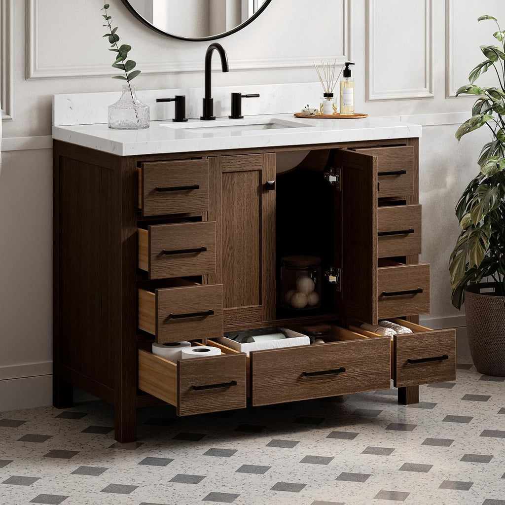 ARIEL Cambridge 42-inch Bathroom Vanity with Sink,Solid Wood, 1.5-inch Carrara White Quartz Countertop, Single Rectangular Porcelain Sink, 2 Soft Closing Doors, 9 Dovetail Drawers, Brown Oak