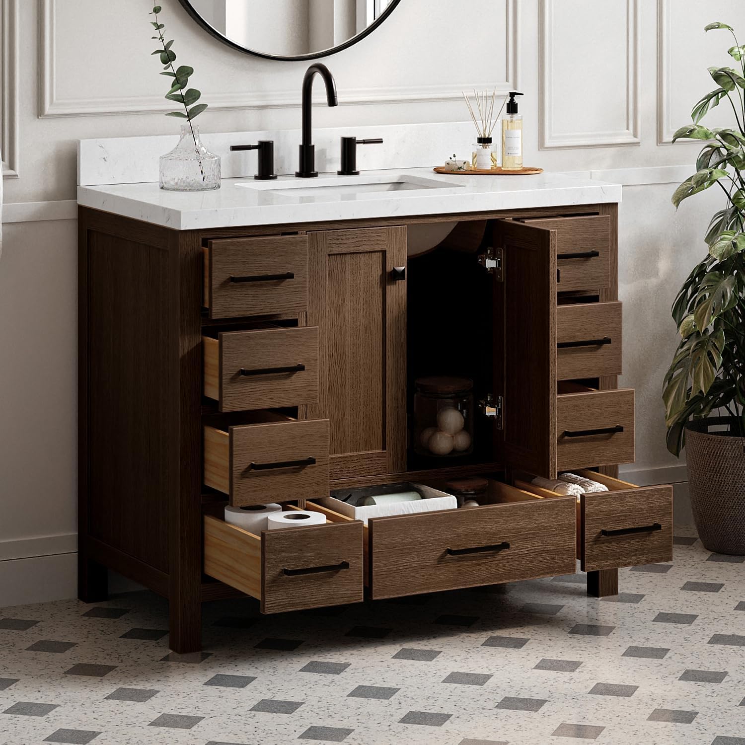 ARIEL Cambridge 42-inch Bathroom Vanity with Sink,Solid Wood, 1.5-inch Carrara White Quartz Countertop, Single Rectangular Porcelain Sink, 2 Soft Closing Doors, 9 Dovetail Drawers, Brown Oak