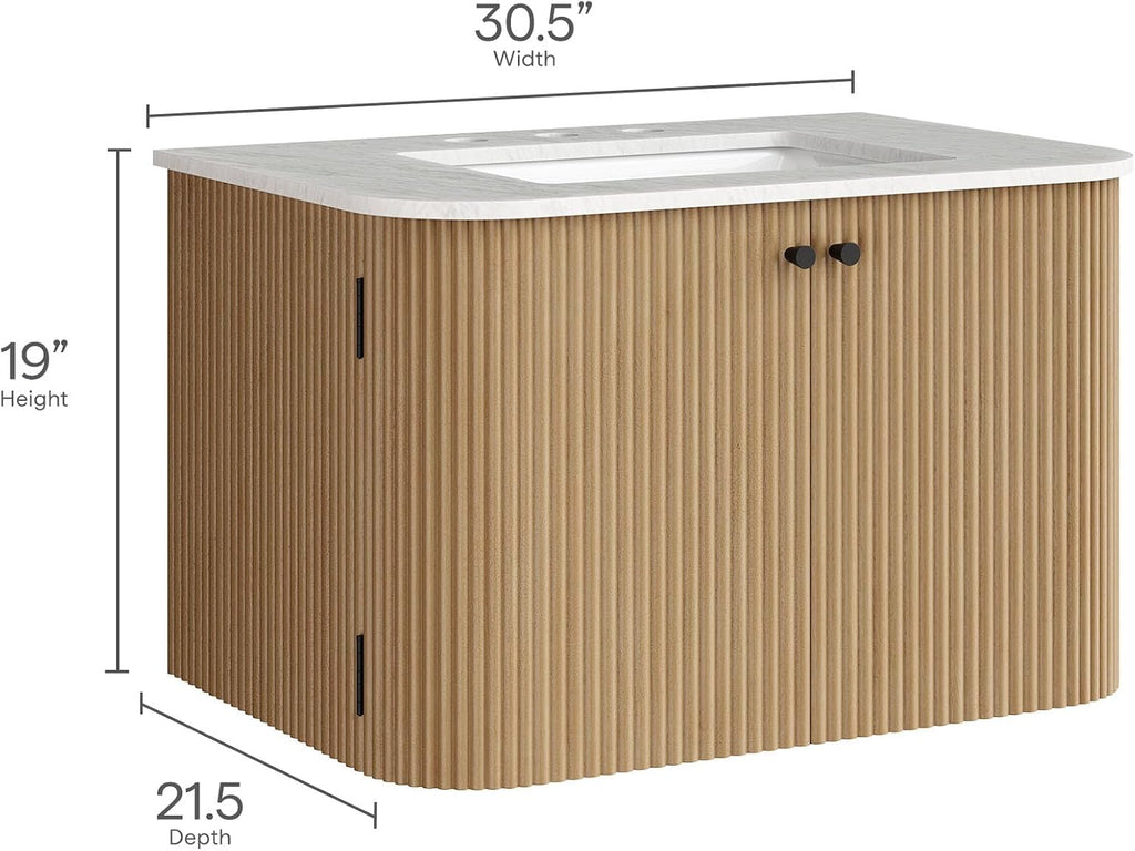 Modway Zia 30 Inch Wall-Mount Bathroom Vanity in Natural with Marble Sink Basin - Floating Bathroom Cabinet with Fluted Design