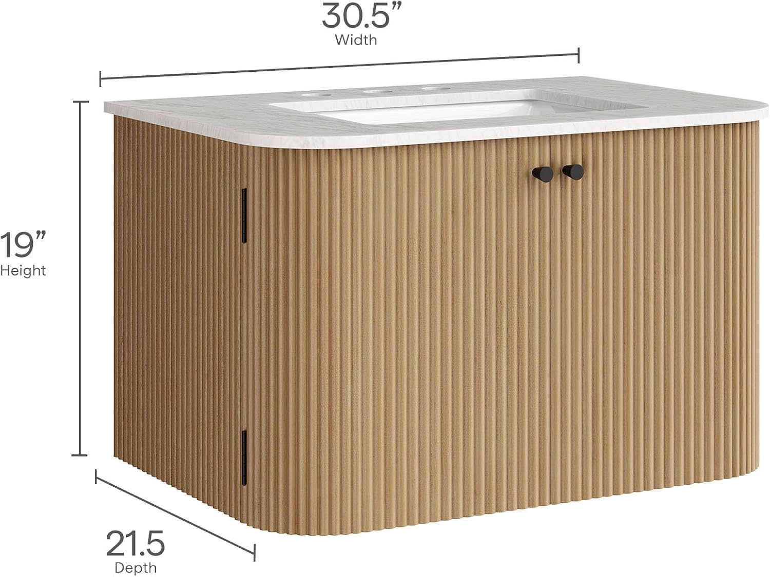 Modway Zia 30 Inch Wall-Mount Bathroom Vanity in Natural with Marble Sink Basin - Floating Bathroom Cabinet with Fluted Design