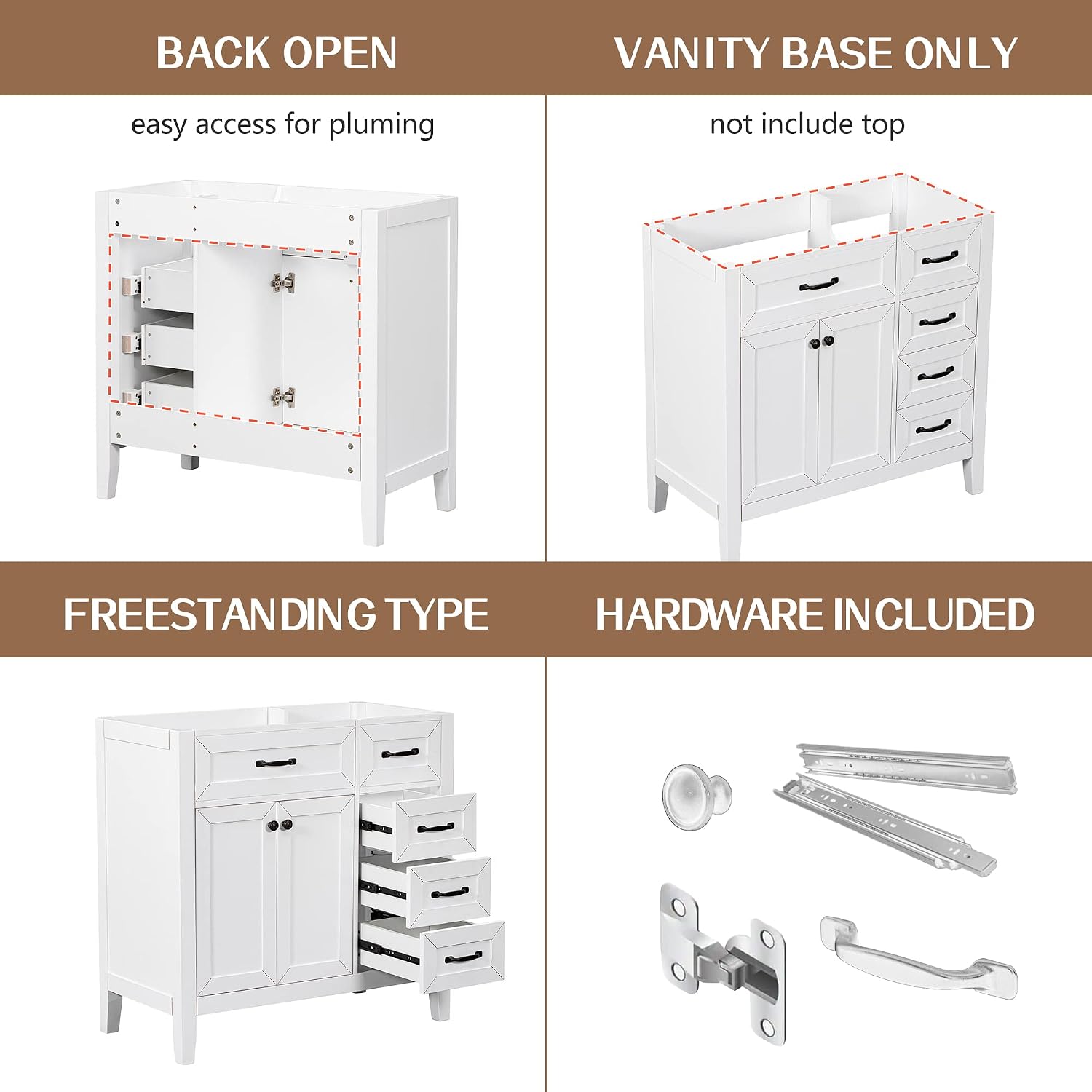 36 Inch Bathroom Vanity Without Sink, Base Only, Storage Cabinet with Doors and Drawers, White