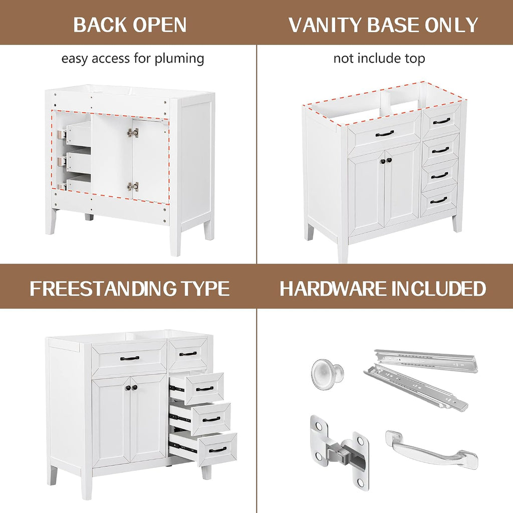 YOPTO 36' Bathroom Vanity Without Sink,Cabinet Base Only,Solid Wood Cabinets Basin Vessel Set with 3 Drawers,Water-Proof,Stain Proof,Ample Enclosed Storage Spaces,White