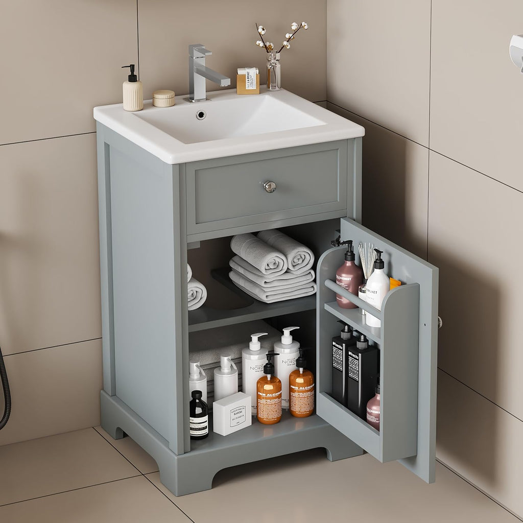 VilroCaz Modern 20' Bathroom Vanity with Sink, Freestanding Bathroom Cabinet with Soft Closing Door, Storage Rack and Adjustable Shelve (Grey-10.8)