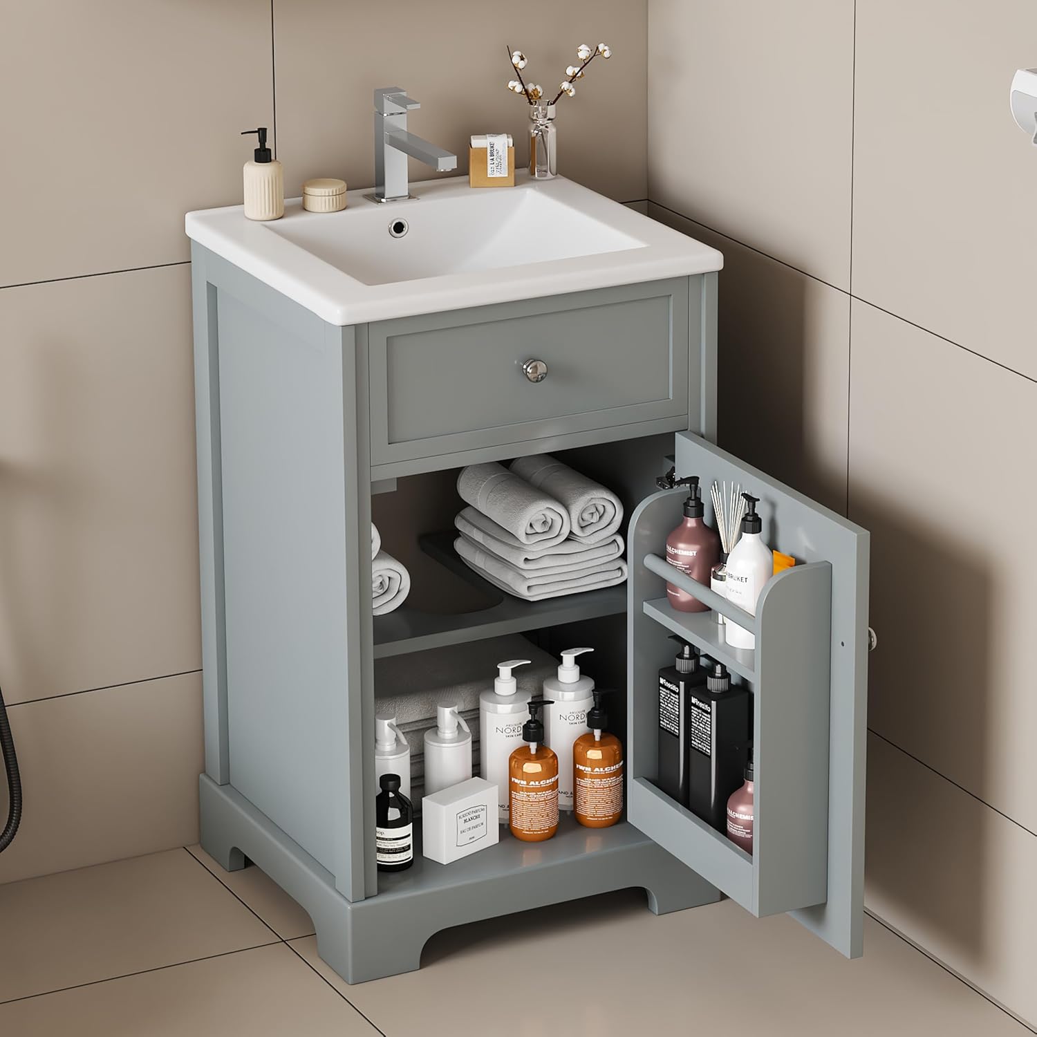 VilroCaz Modern 20' Bathroom Vanity with Sink, Freestanding Bathroom Cabinet with Soft Closing Door, Storage Rack and Adjustable Shelve (Grey-10.8)