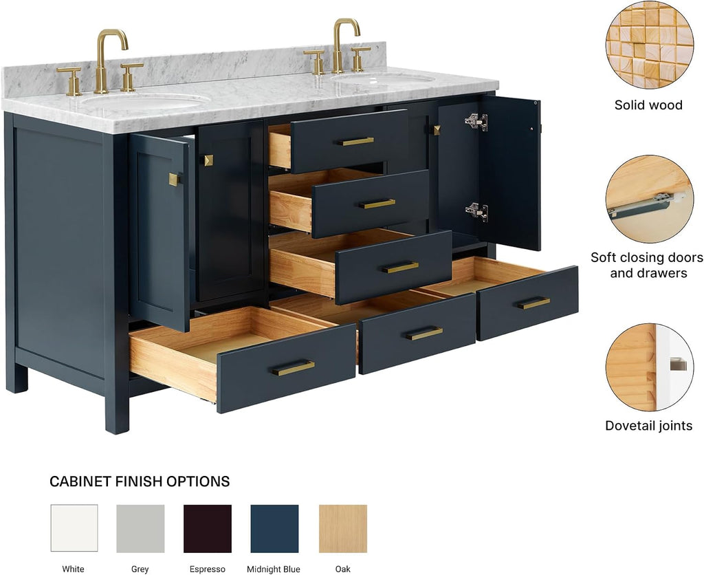 ARIEL Cambridge 66-inch Bathroom Vanity with Sink,Solid Wood, 1.5-inch Italian Carrara Marble Countertop, Double Oval Porcelain Sink, 4 Soft Closing Doors, 6 Dovetail Drawers, Midnight Blue