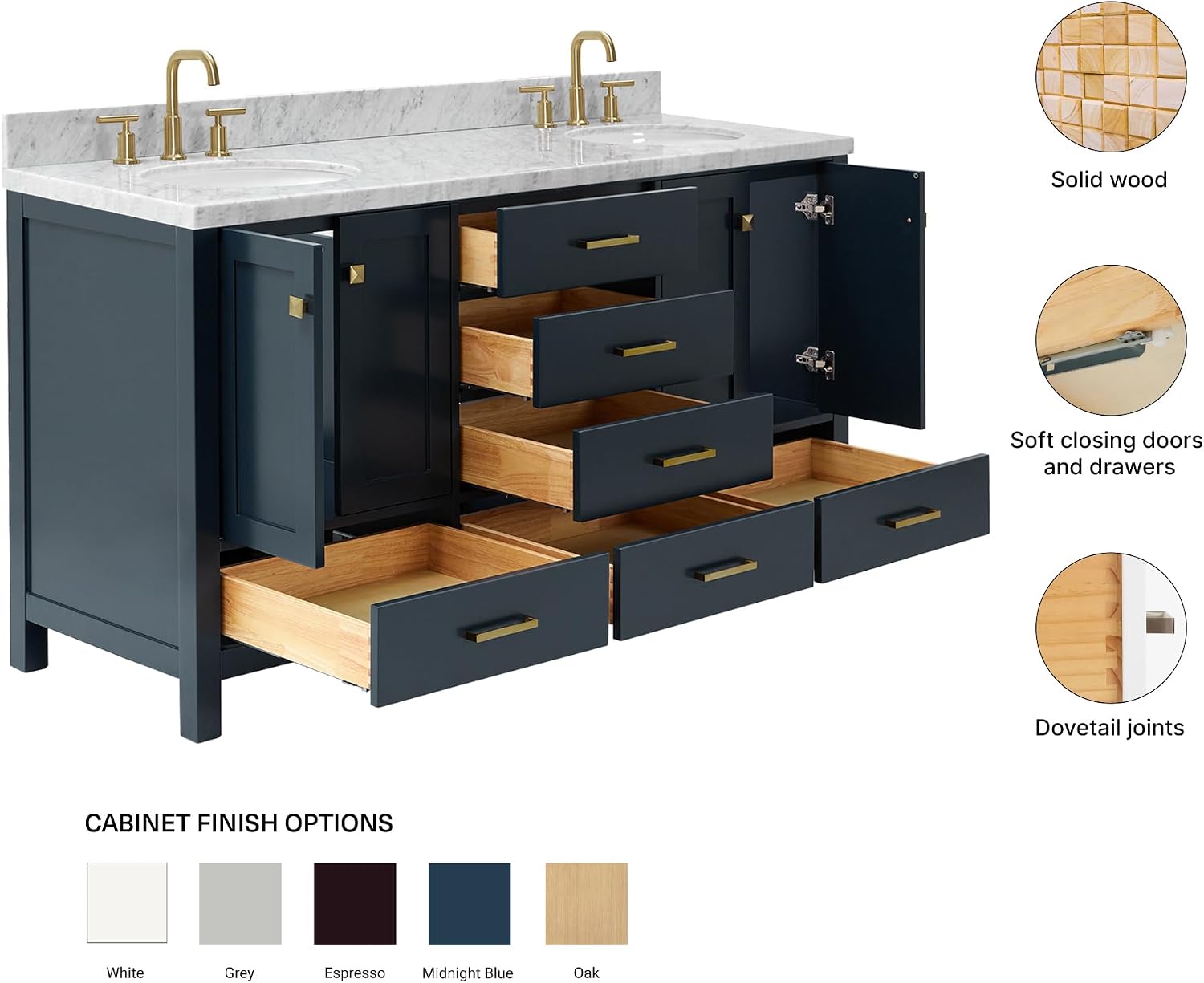 ARIEL Cambridge 66-inch Bathroom Vanity with Sink,Solid Wood, 1.5-inch Italian Carrara Marble Countertop, Double Oval Porcelain Sink, 4 Soft Closing Doors, 6 Dovetail Drawers, Midnight Blue