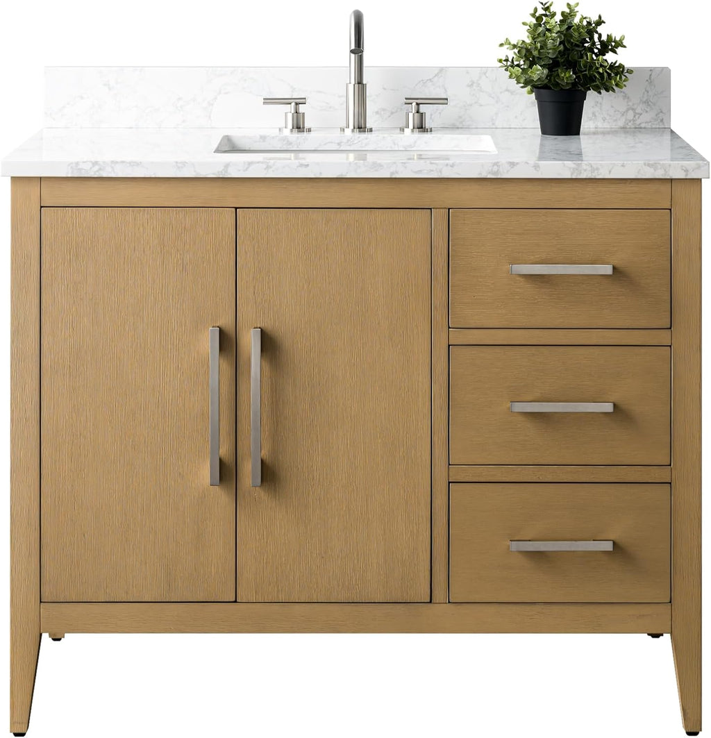 Vanity Art 42 inch Bathroom Vanity with Single Sink & Ceramic Top, Vanity Cabinet with Soft-Closing Doors, Drawers, Solid Wood Frame, Natural Oak, Brushed Nickle Handware