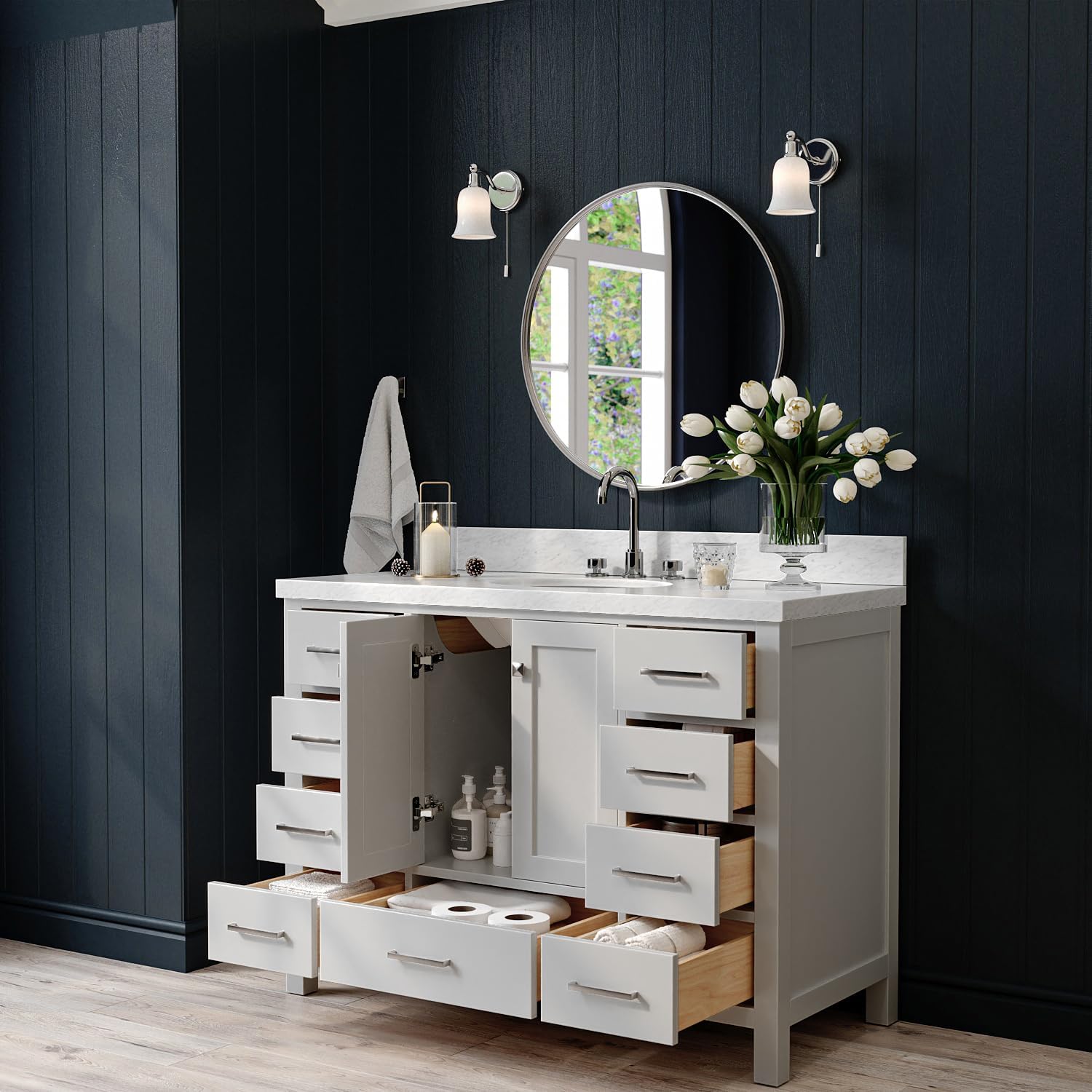 ARIEL Cambridge 48-inch Bathroom Vanity with Sink,Solid Wood, 1.5-inch Italian Carrara Marble Countertop & Backsplash, Single Oval Porcelain Sink, 2 Soft Closing Doors, 9 Dovetail Drawers, Grey