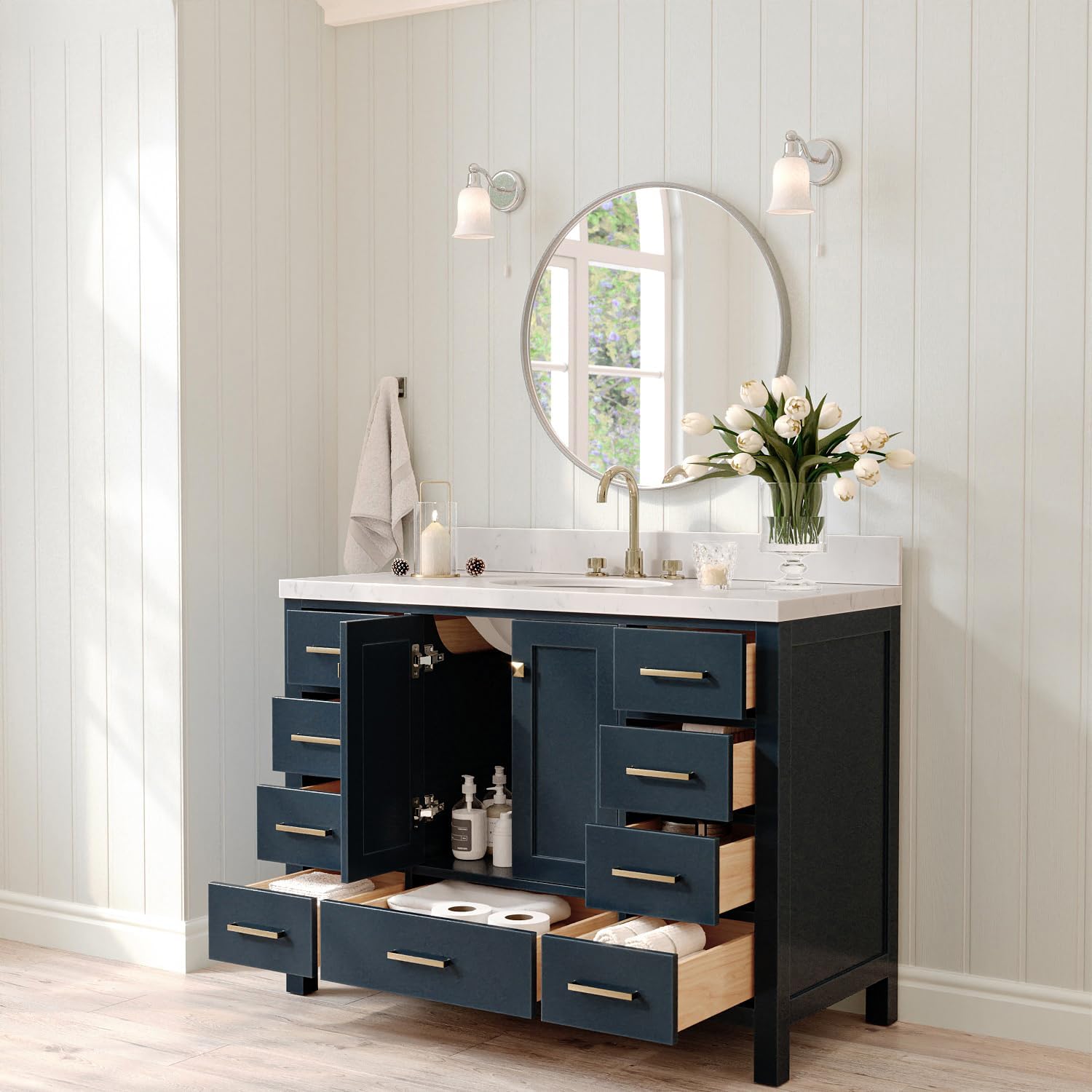 ARIEL Cambridge 48-inch Bathroom Vanity with Sink,Solid Wood, 1.5-inch Carrara White Quartz Countertop, Single Oval Porcelain Sink, 2 Soft Closing Doors, 9 Dovetail Drawers, Midnight Blue